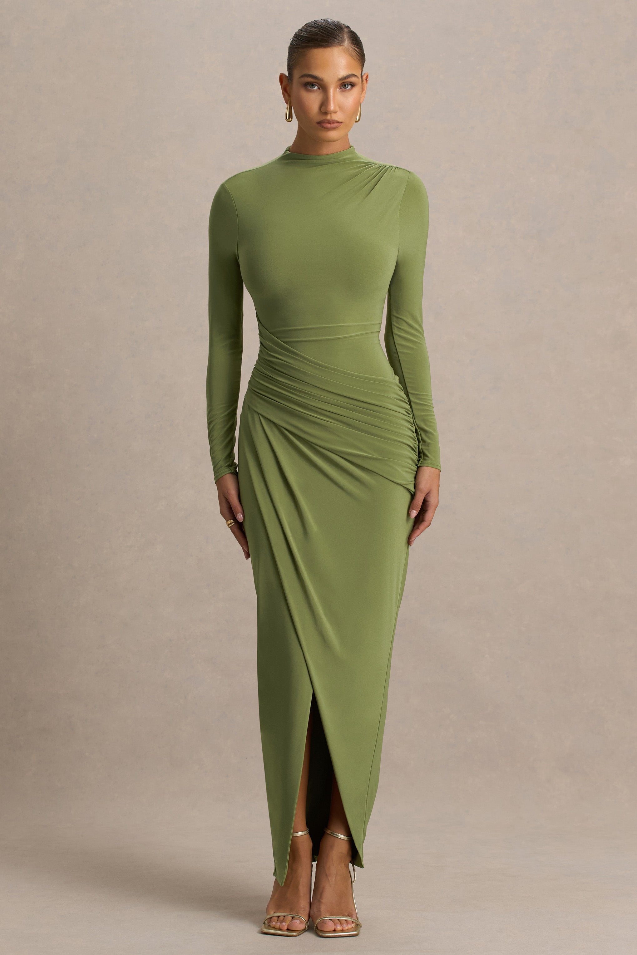 Zephyra | Olive High-Neck Wrapped Maxi Dress