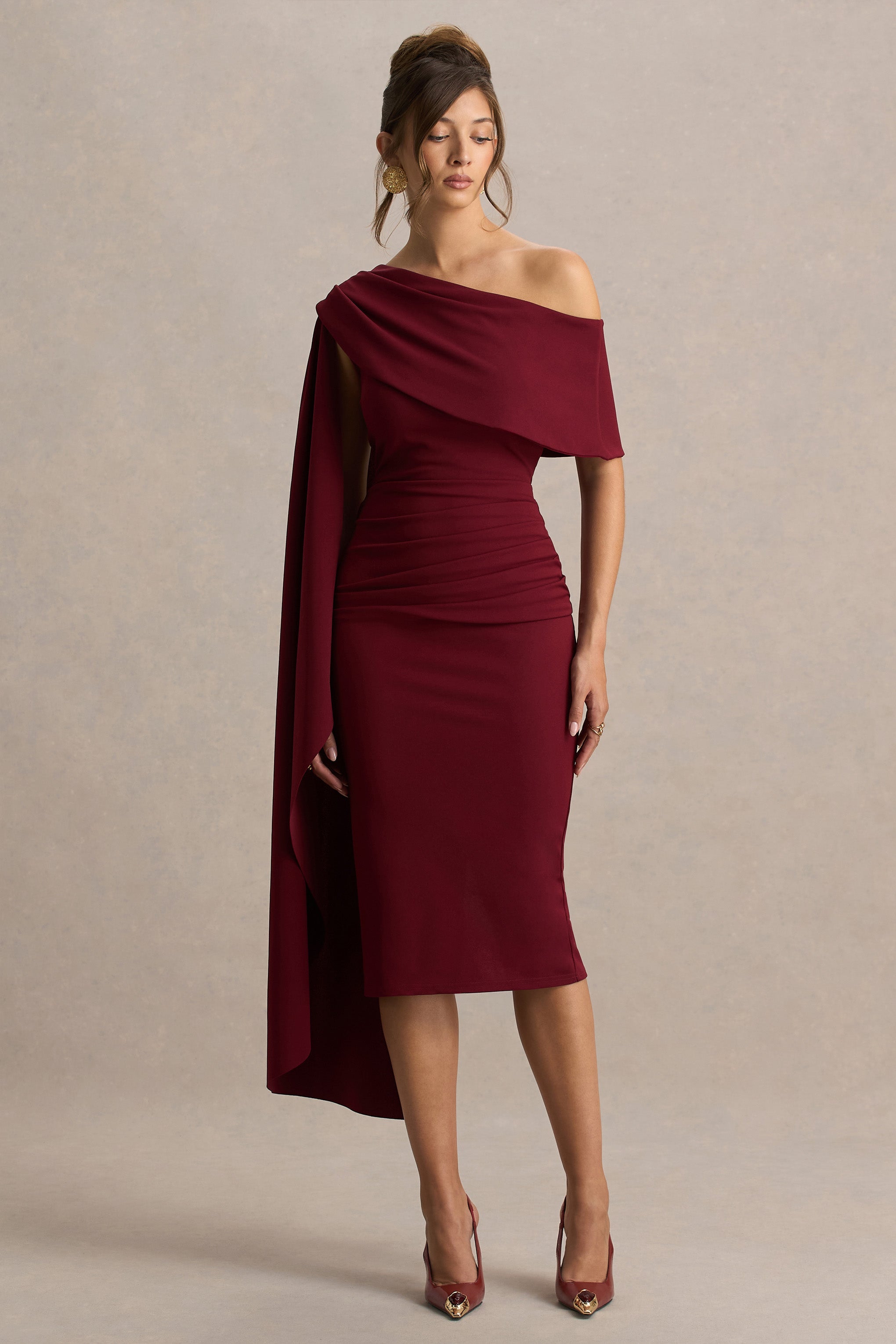 Leah | Burgundy Asymmetric-Neck Midi Dress With Cape-Sleeve