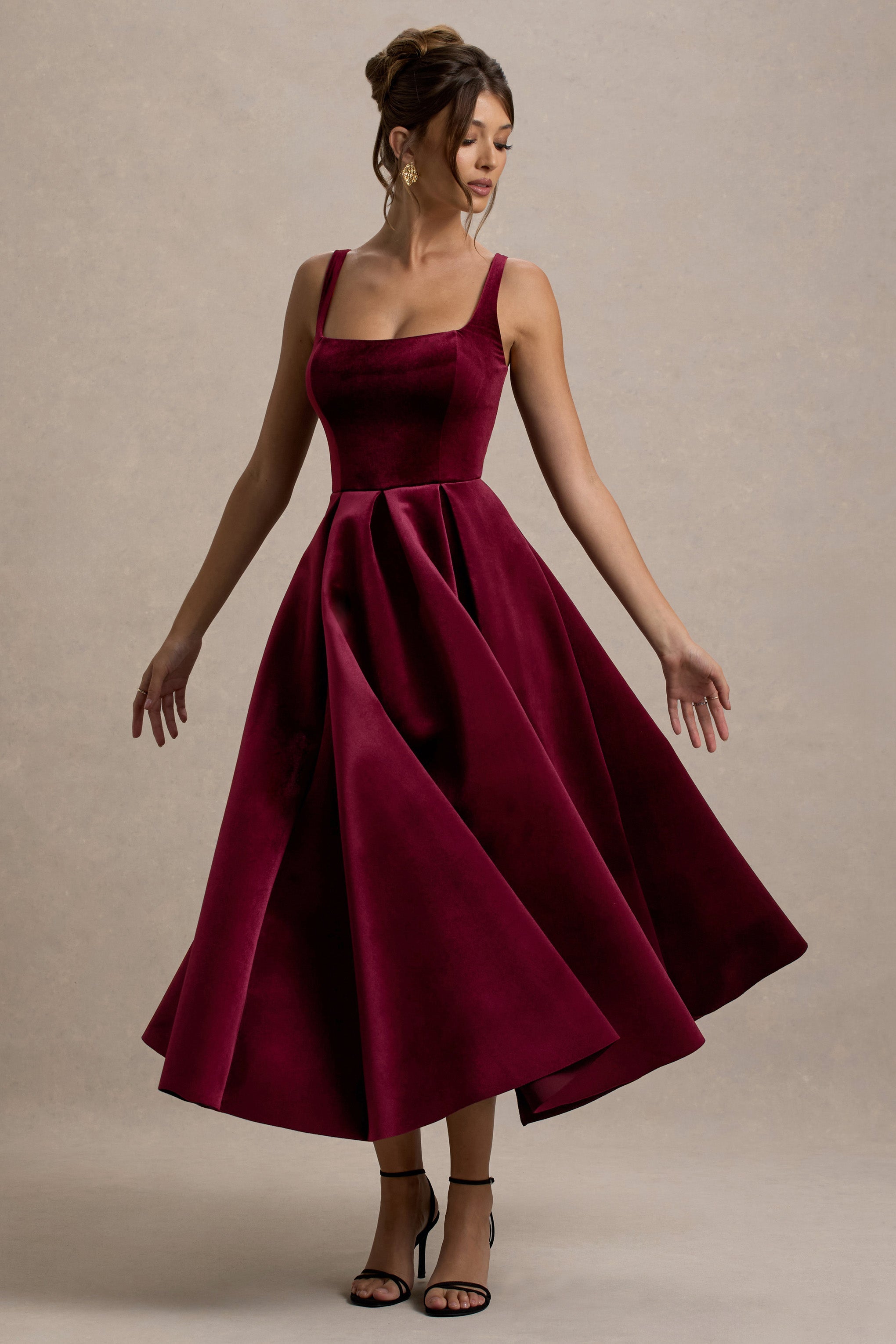 Francisca | Berry Velvet Strappy Volume-Hem Midi Dress