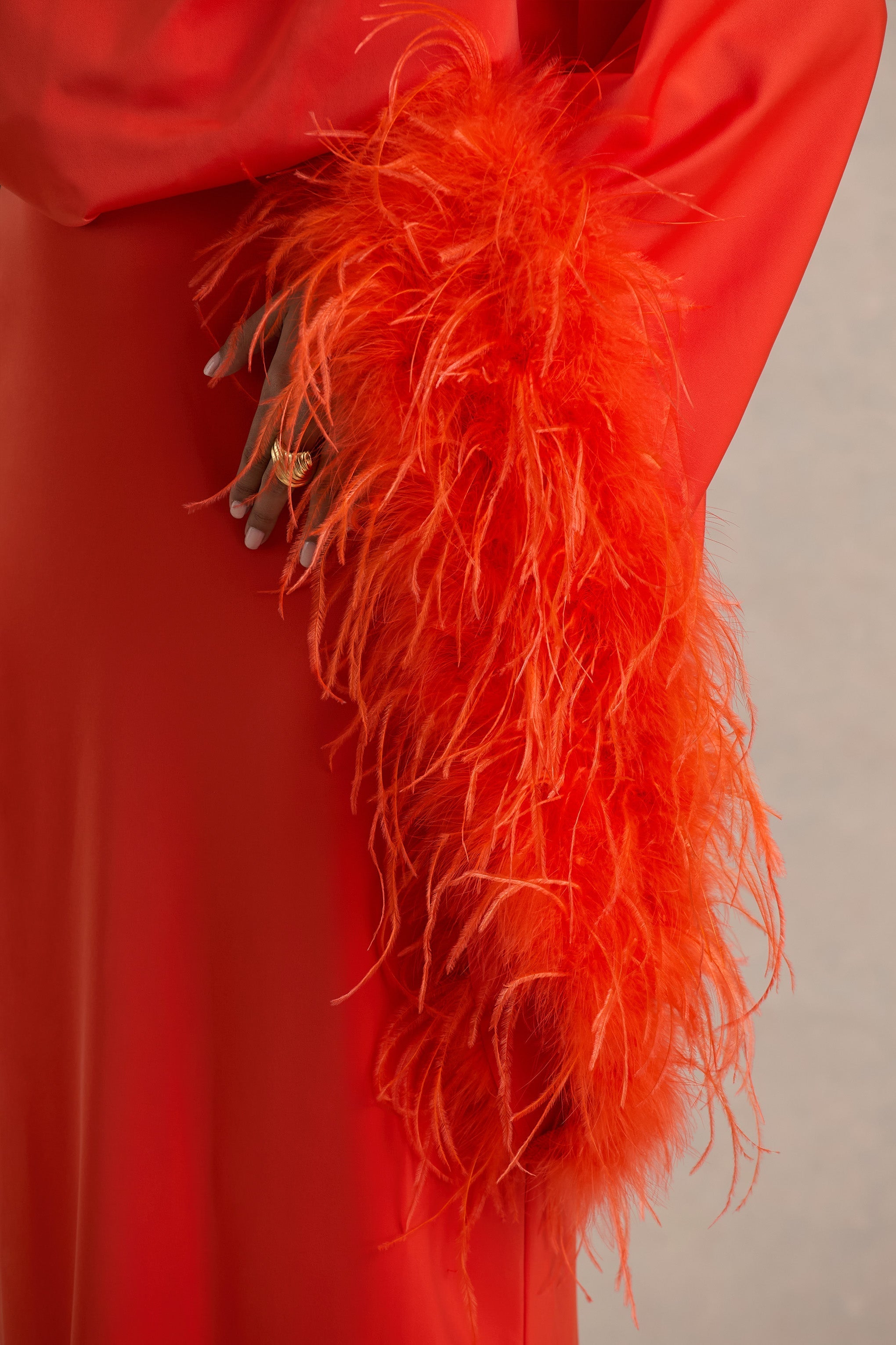 Felicity | Orange Satin Asymmetric-Neck Maxi Dress With Feather Detailing