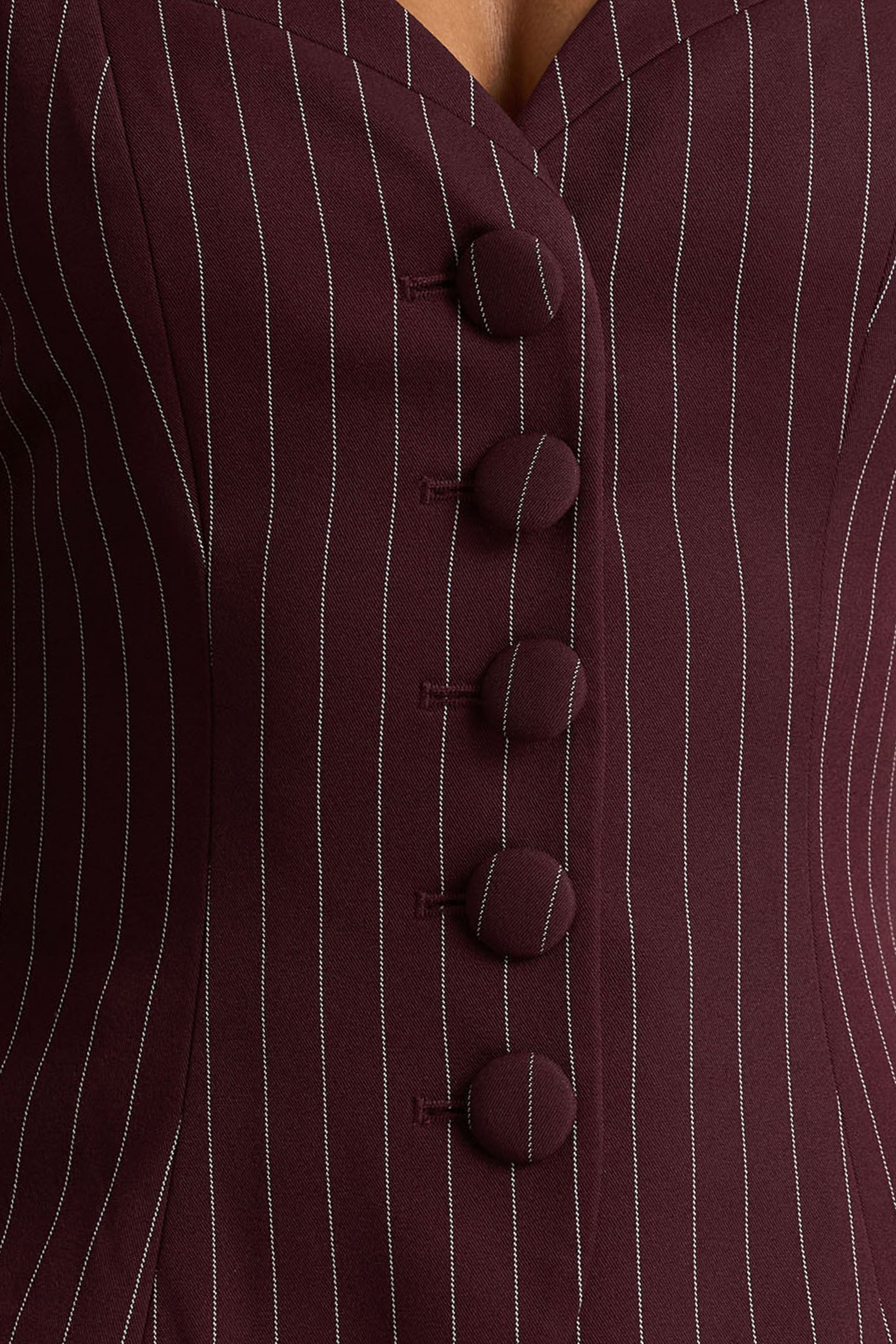 Lana | Burgundy Pinstripe Woven Sweetheart-Neck Tailored Top