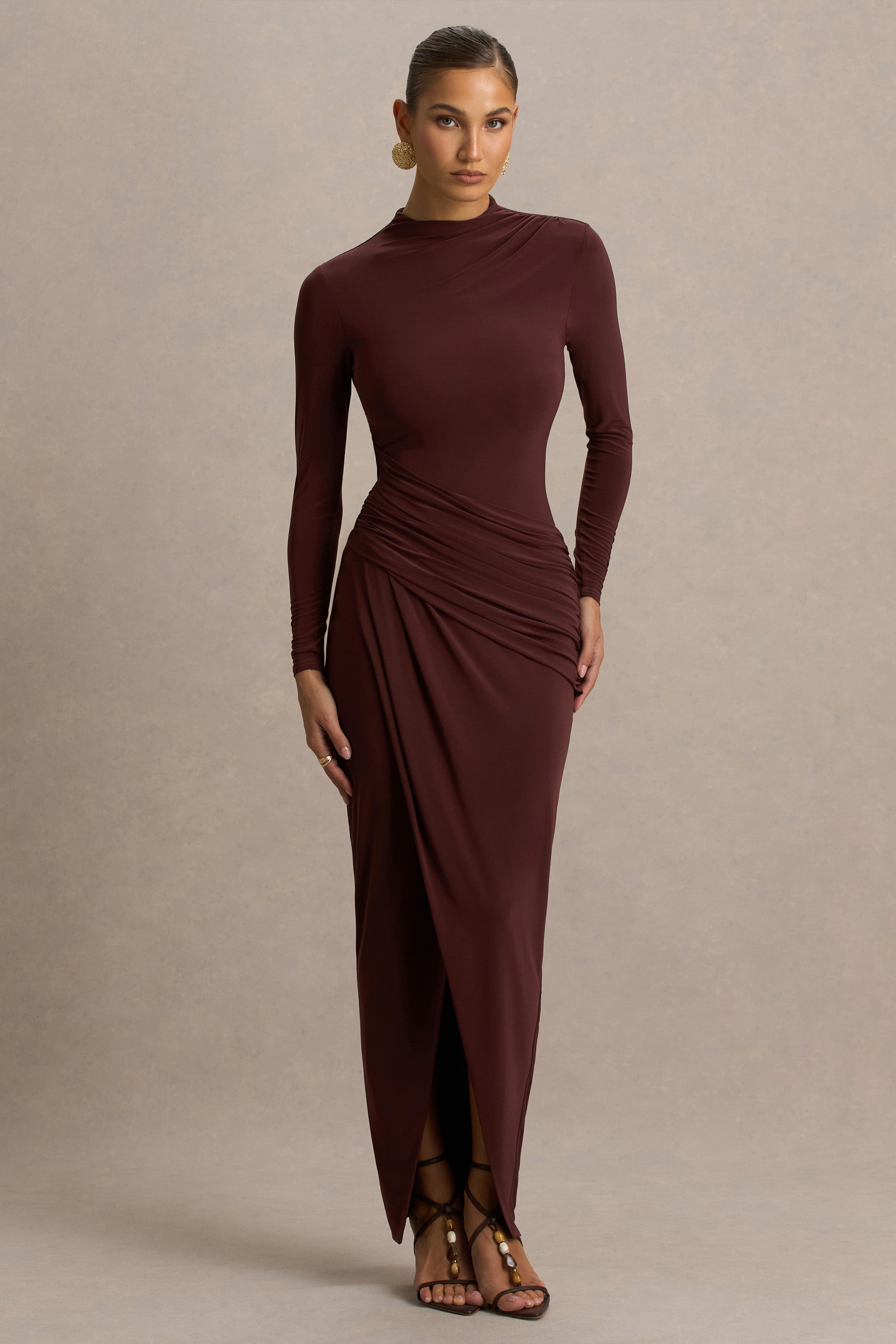 Zephyra | Brown High-Neck Wrapped Maxi Dress
