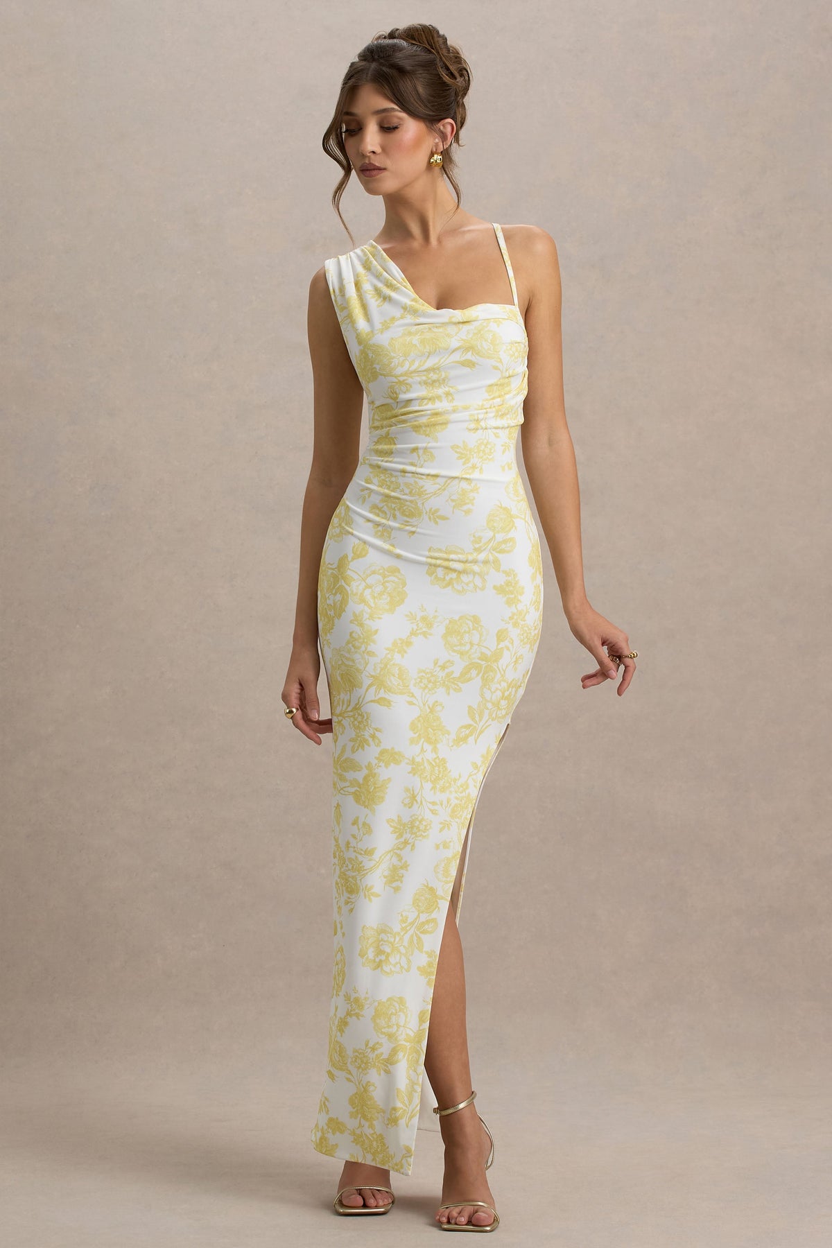Sitara | Lemon Porcelain Print Cowl-Neck Maxi Dress With Asymmetric Skirt