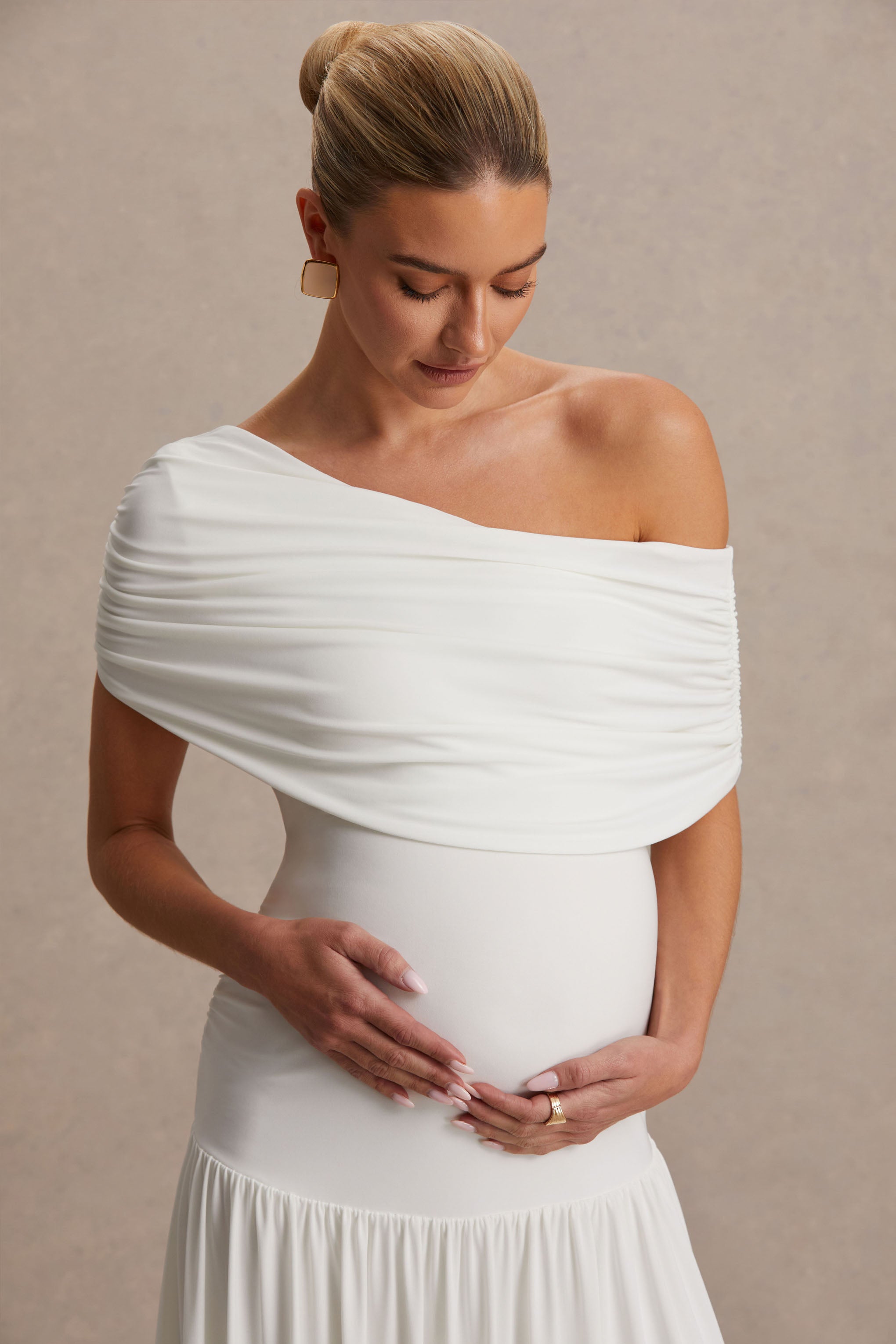 Noah | White Asymmetric-Neck Maternity Maxi Dress With Drop-Waist