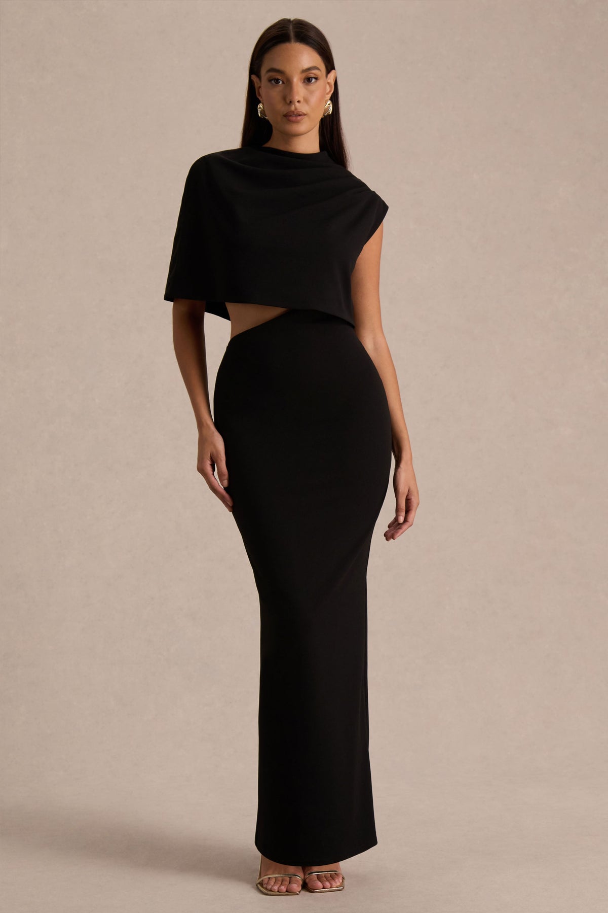 Roseth | Black High-Neck Maxi Dress With One-Sleeve And Body Cut-Out Detail