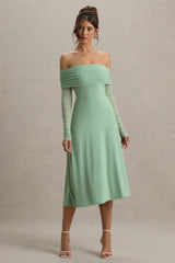 Flatter Me | Light Green Bardot Midi Dress With Mesh Sleeves