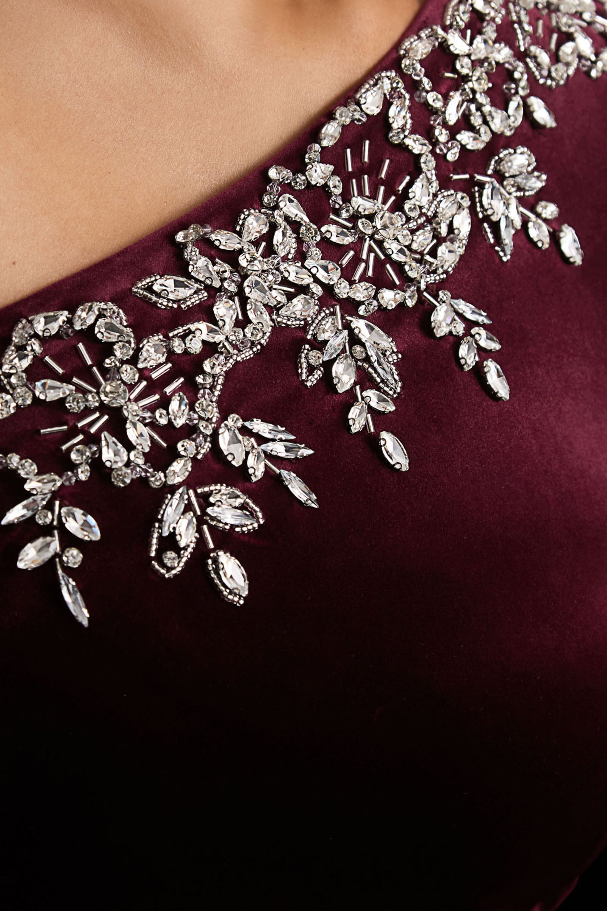 Nyssa | Burgundy Embellished Asymmetric-Neck Maxi Dress