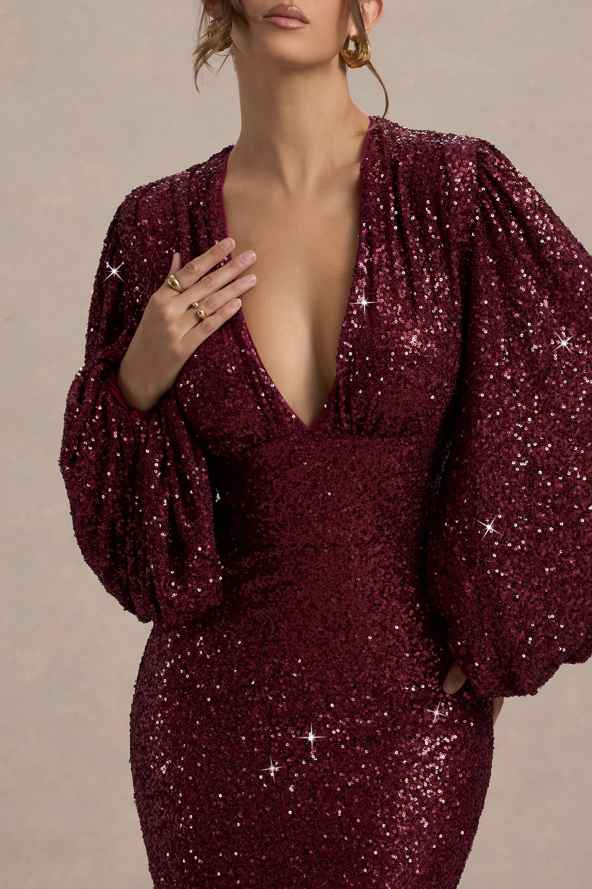 Kaelin | Berry Sequin Plunge-Neck Maxi Dress
