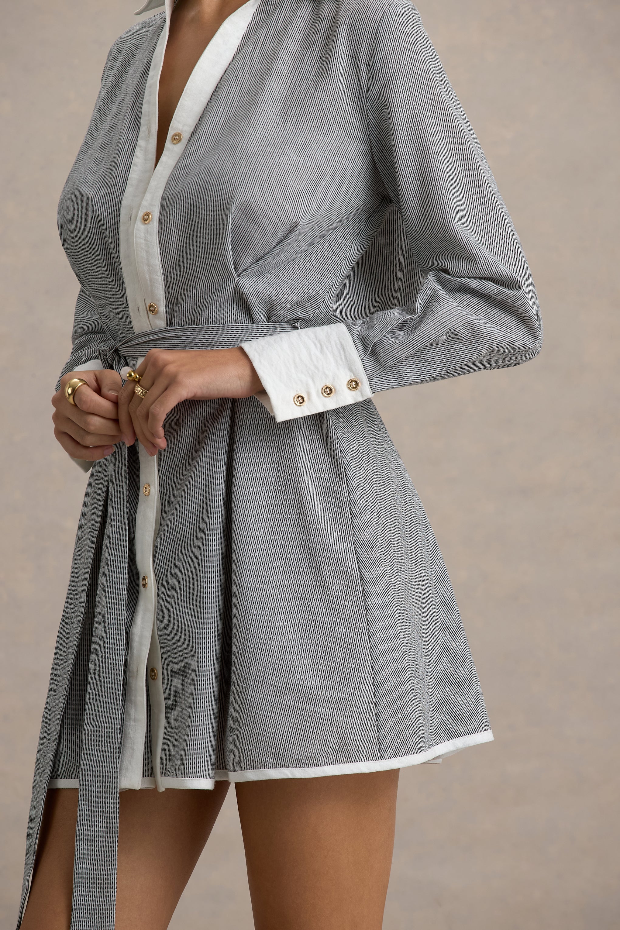 Beatriz | Grey Linen Pinstripe Mini Shirt Dress