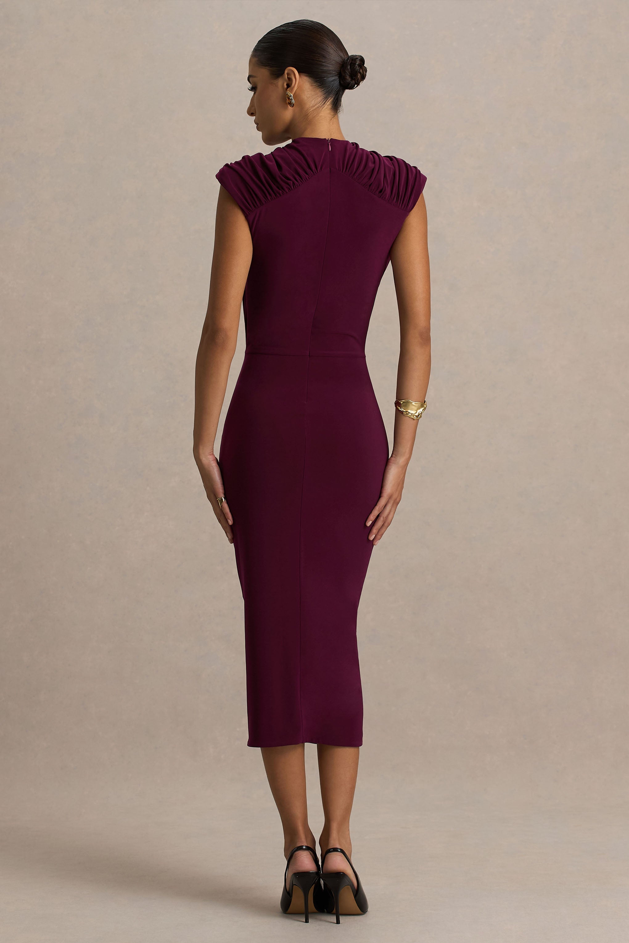 Hermia | Burgundy High-Neck Midi Dress