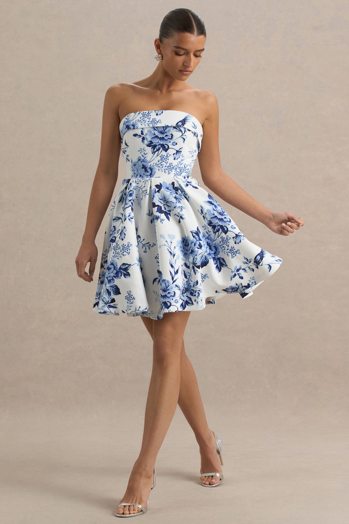 Fiorenza | Blue Porcelain Print Bandeau Mini Dress With Volume Skirt