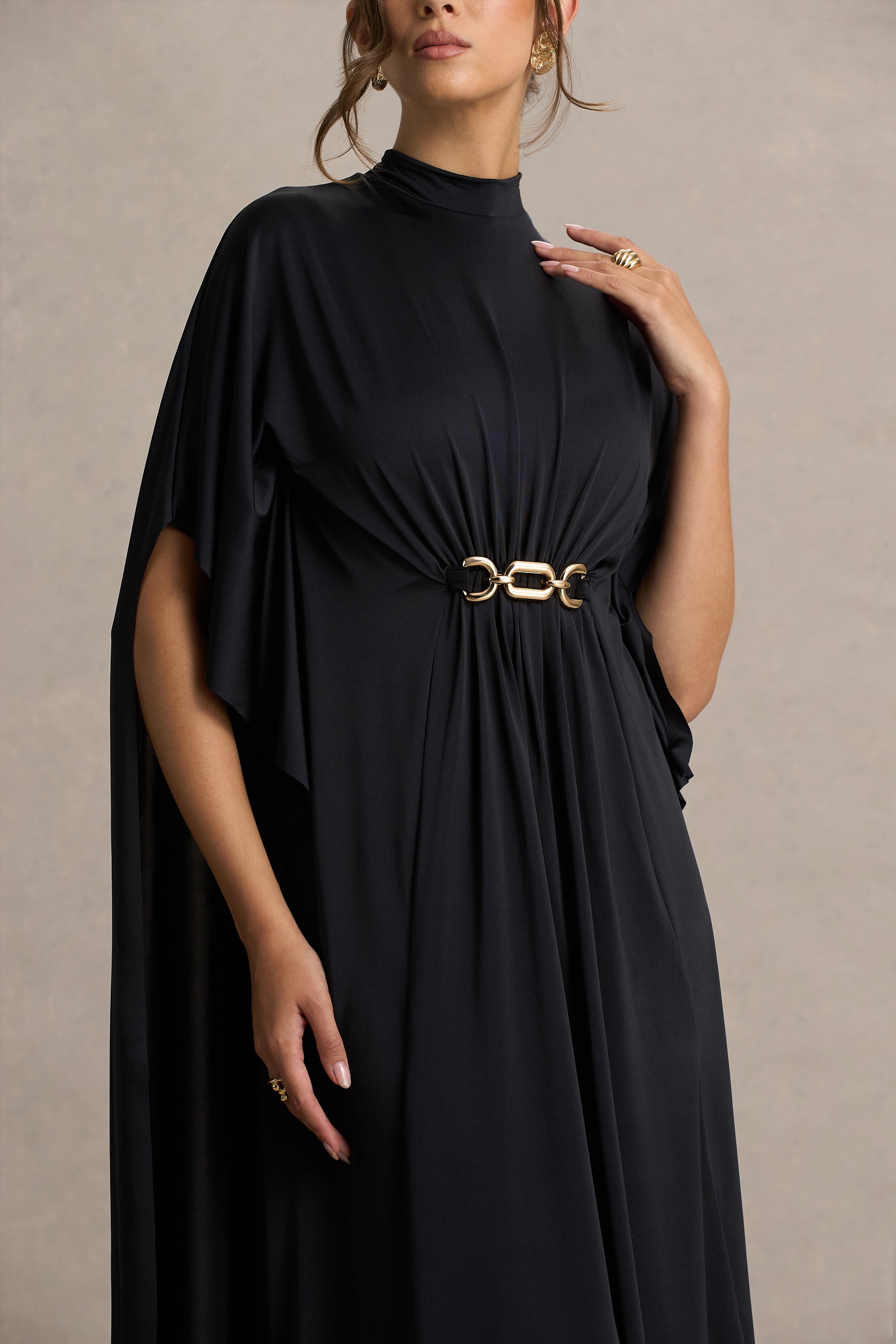 Olessia | Black Belted Gathered Cape-Sleeve Maxi Dress