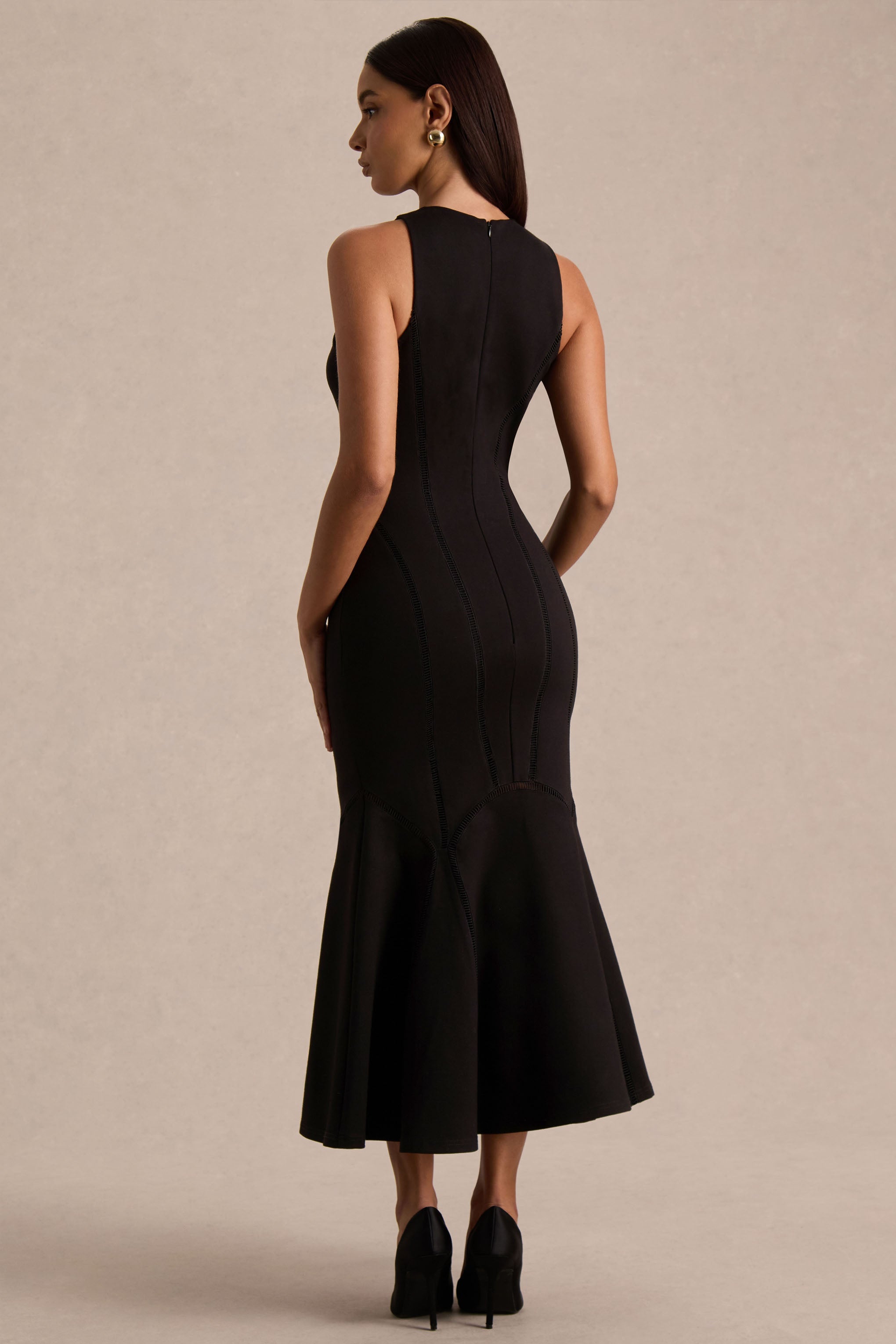 Sally | Black Crew-Neck Midi Dress With Drop Waist And Pleated Detailing