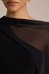 Mirelle | Black Asymmetric-Neck Maxi Dress With Sheer Cape-Sleeve