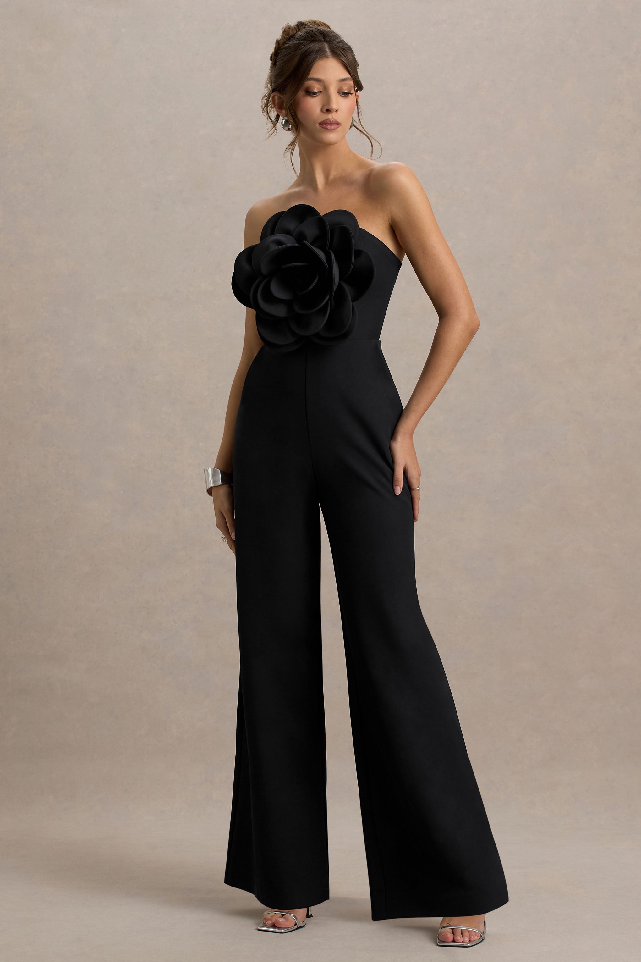 Opia | Black Bandeau Wide-Leg Jumpsuit With Large Floral Corsage