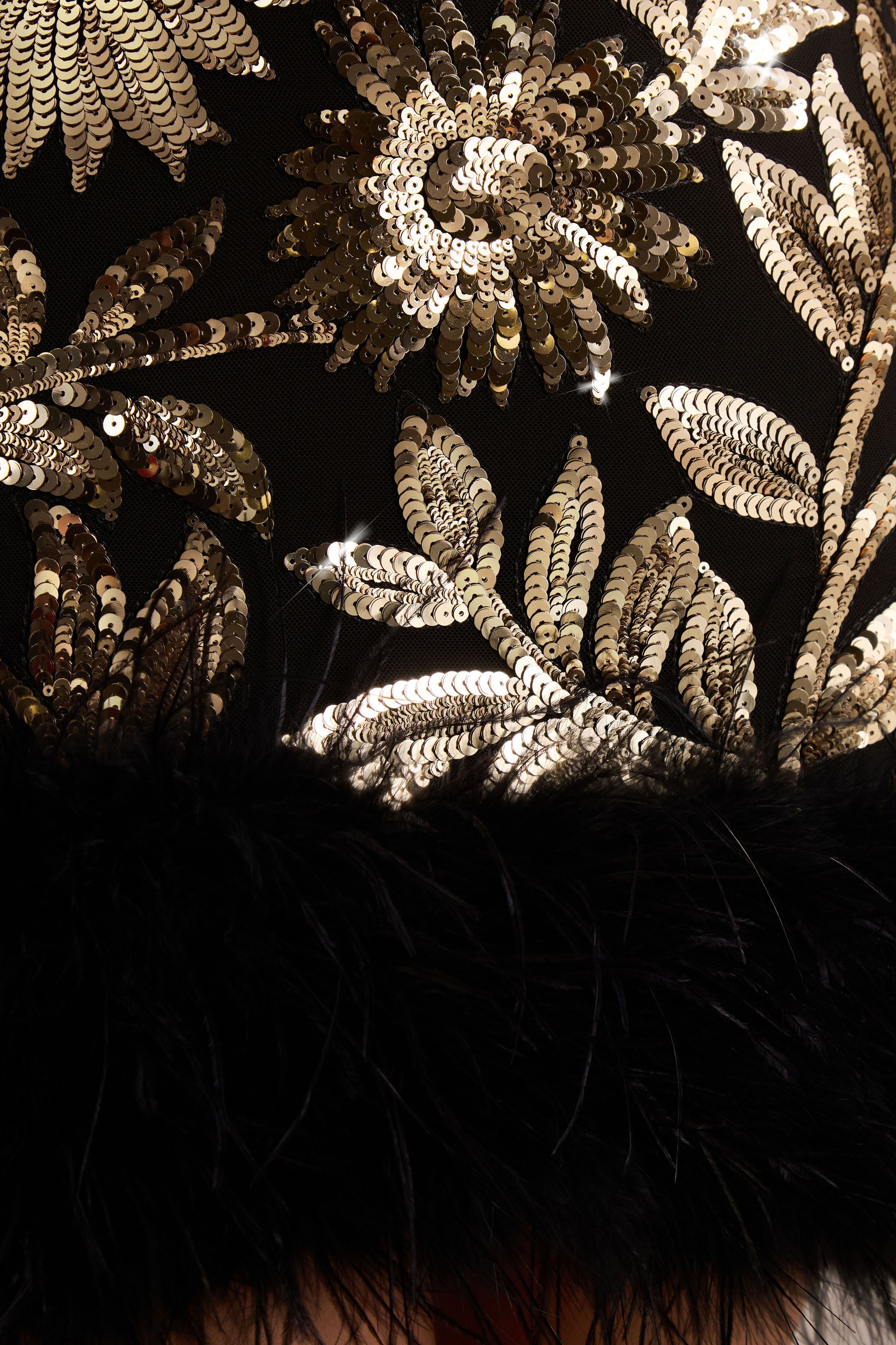 Lara | Black Velvet And Gold Embellished Sequin High-Neck Mini Dress With Feather Trim