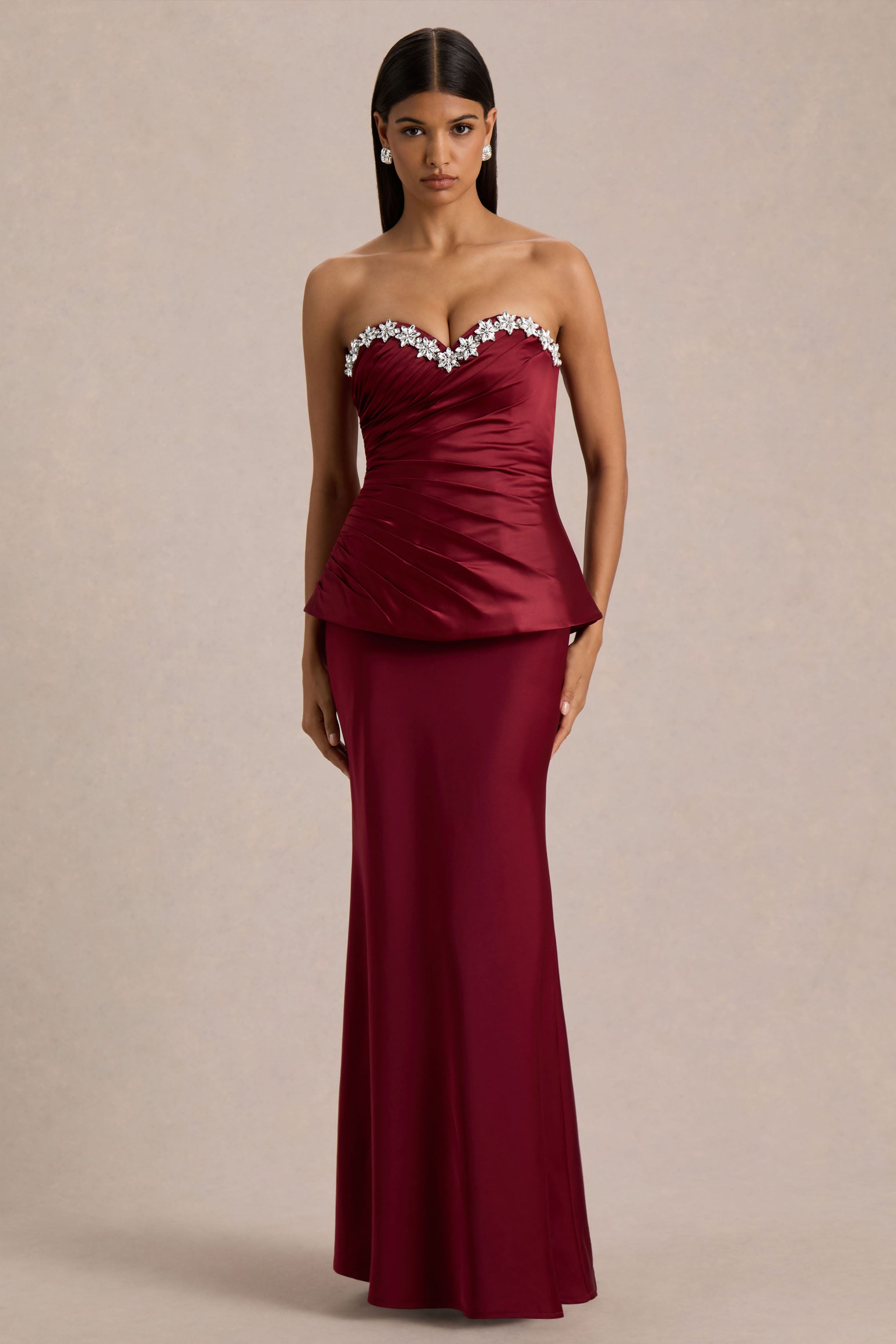 Milia | Burgundy Satin Hand-Embellished Strapless Corset Maxi Dress