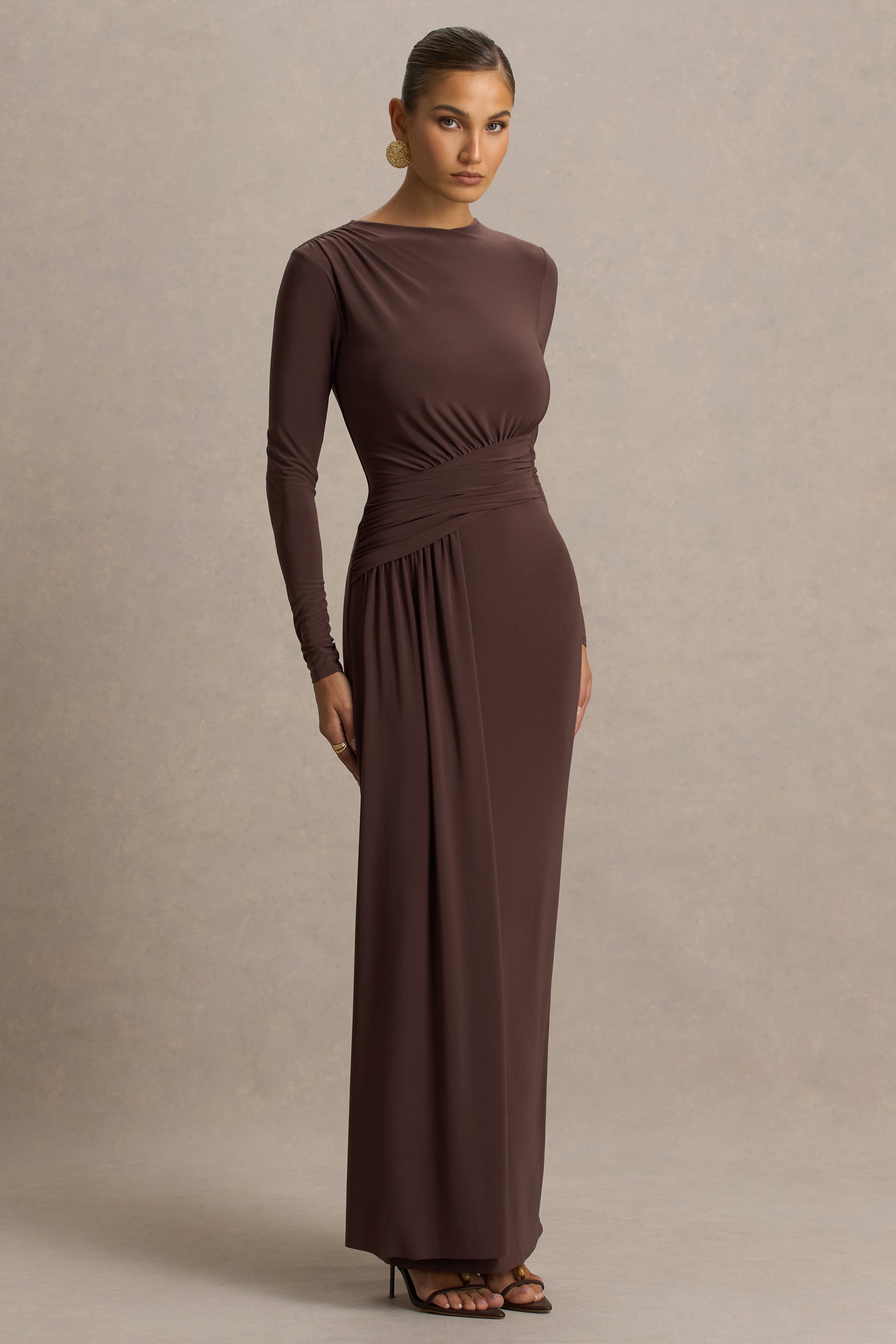 Virelle | Brown Boat-Neck Maxi Dress With Wrap Detail And Sash