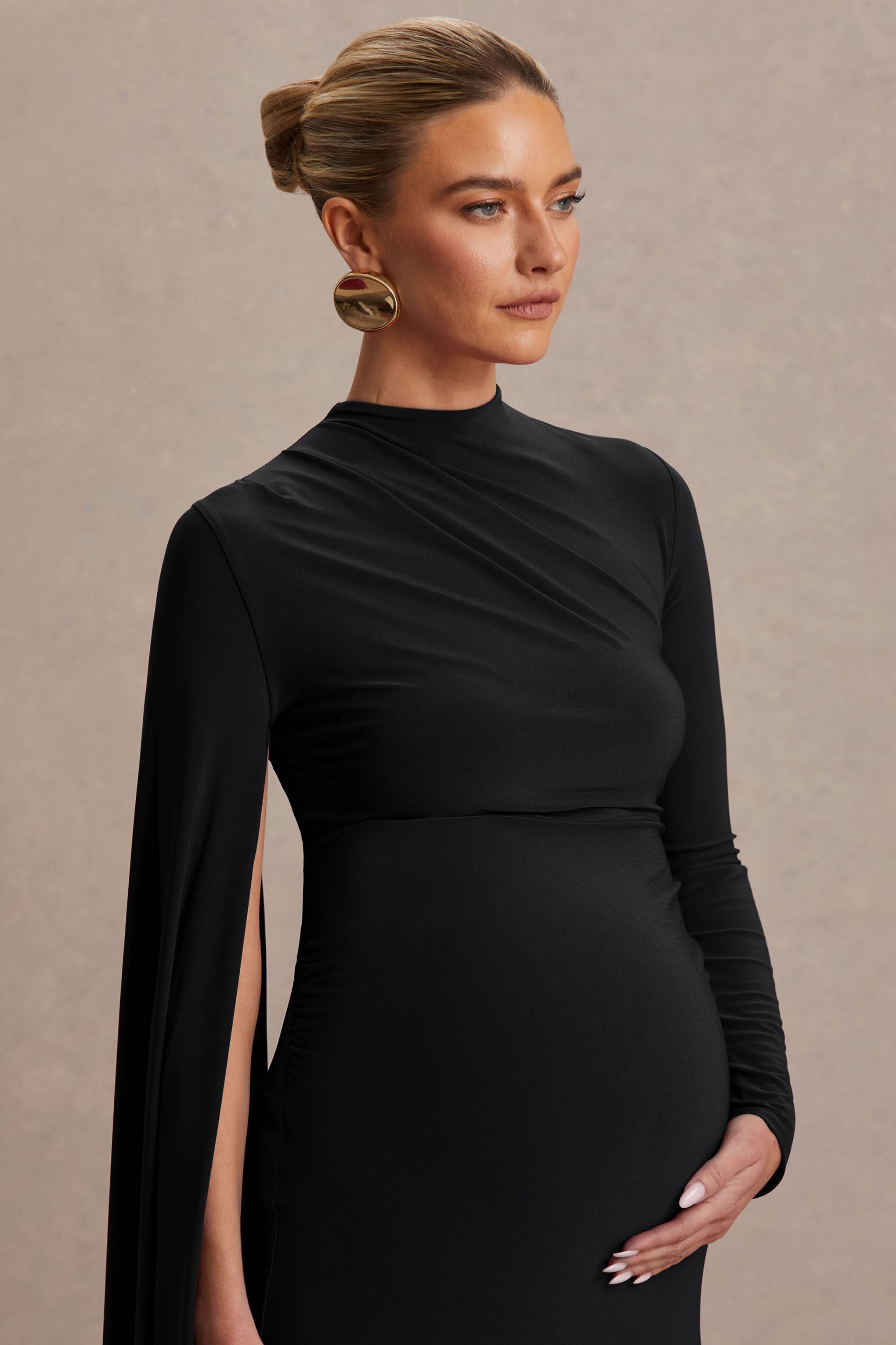 Lavinia | Black High-Neck Maternity Maxi Dress With Cape-Sleeve
