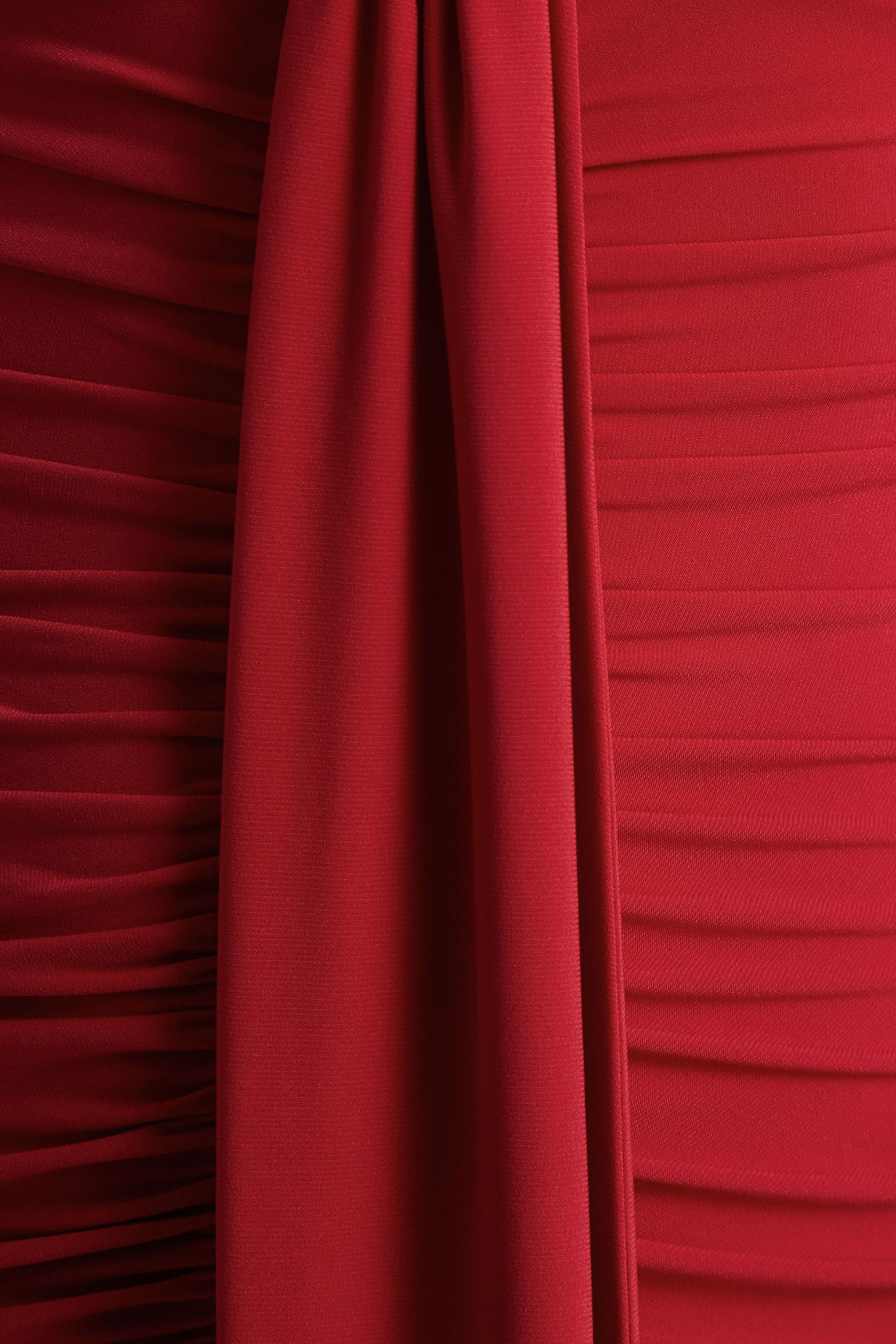 Ivara | Red Plunge-Neck Maxi Dress With Ruched Detailing And Sash