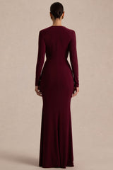 Command | Burgundy Plunge-Neck Maxi Dress With Front-High Split