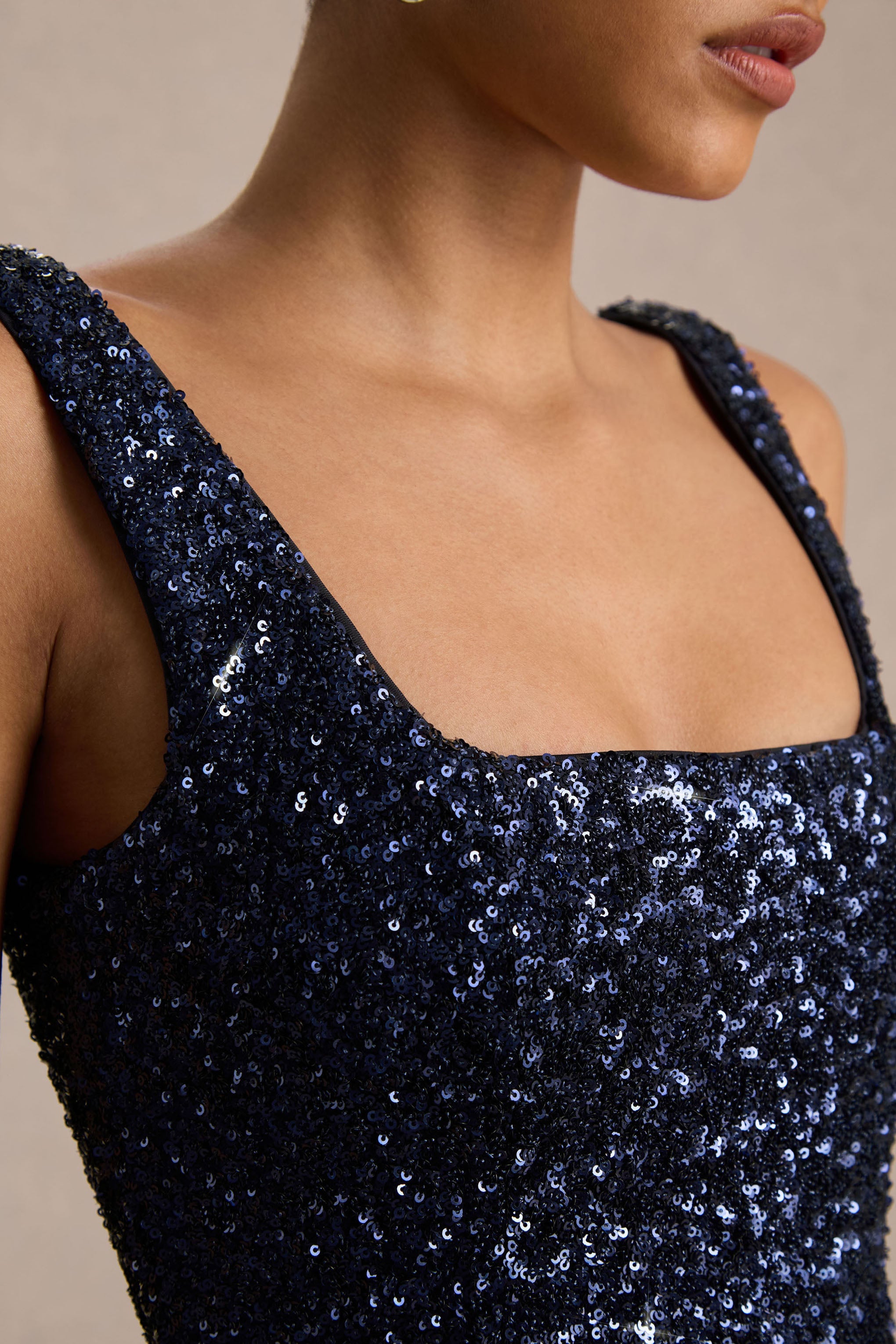 Lima | Navy Sequin Square-Neck A-Line Midi Dress
