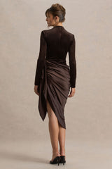 Sasha | Brown Satin And Velvet Midi Dress With Wrap-Detail