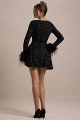 Lopez | Black Sequin Plunge-Neck Feather Trim Mini Dress
