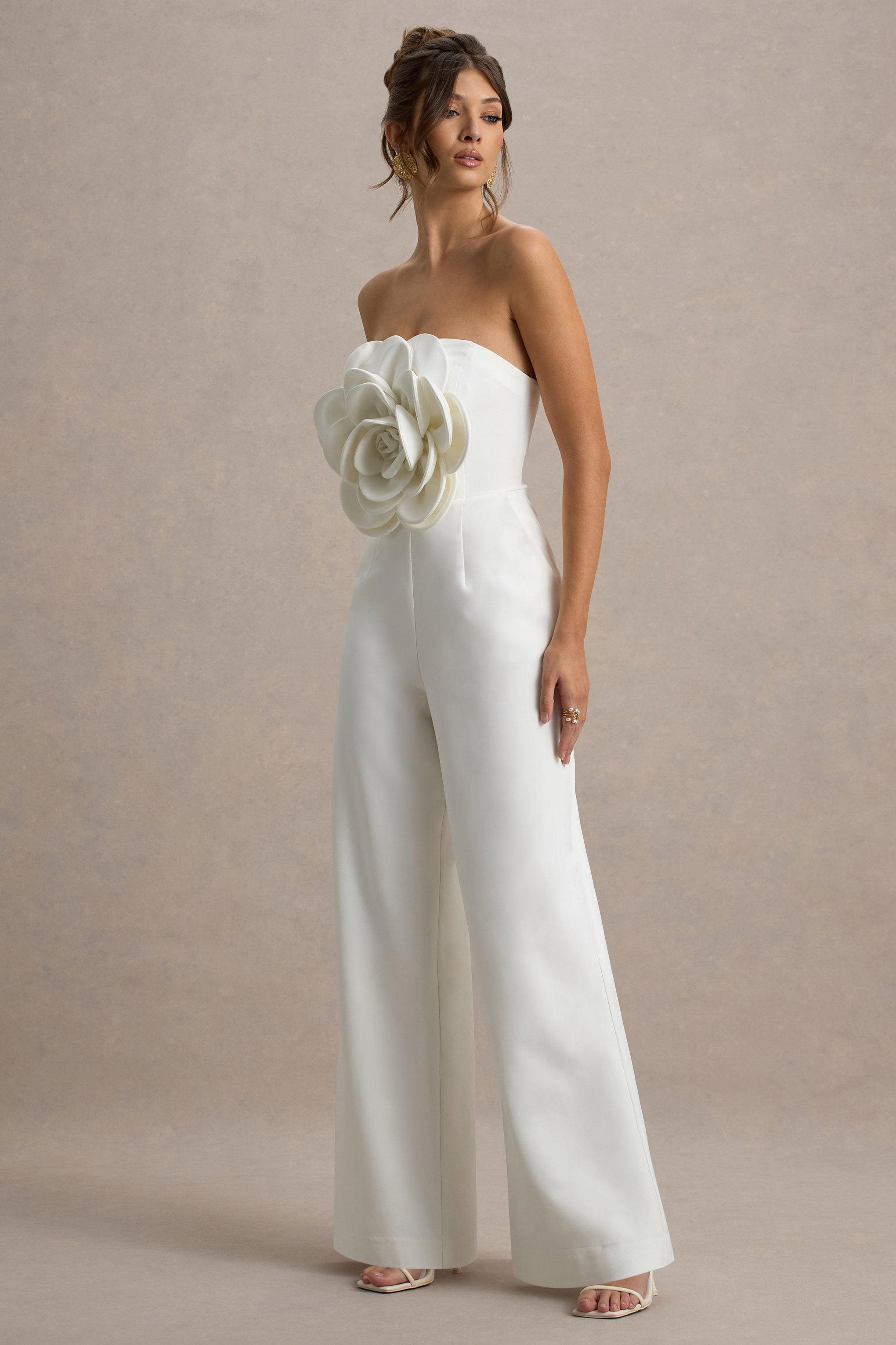 Opia | White Bandeau Wide-Leg Jumpsuit With Large Floral Corsage