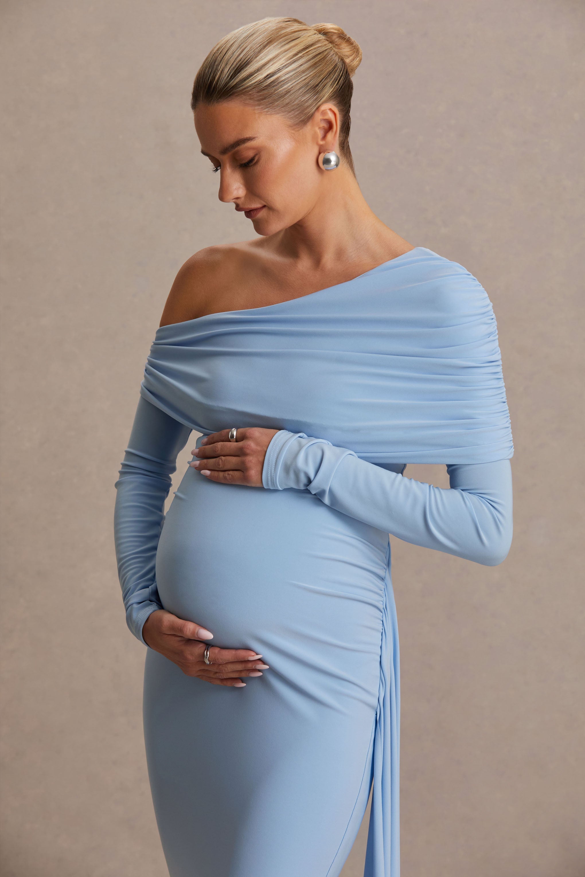 Amara | Powder Blue Asymmetric-Neck Maternity Maxi Dress With Sash Detail