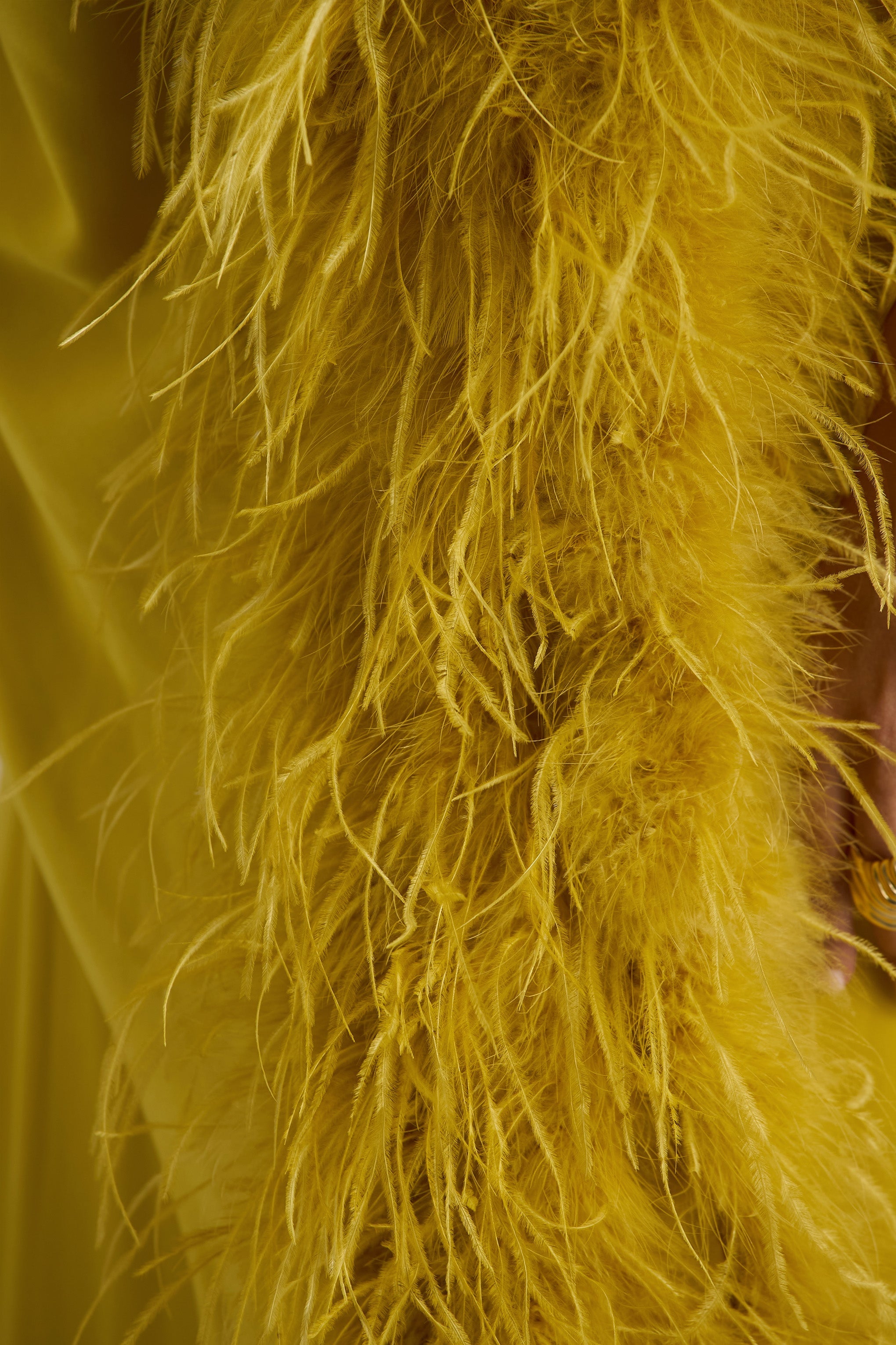 Destiny | Yellow Satin Asymmetric-Neck Midi Dress With Feather Details