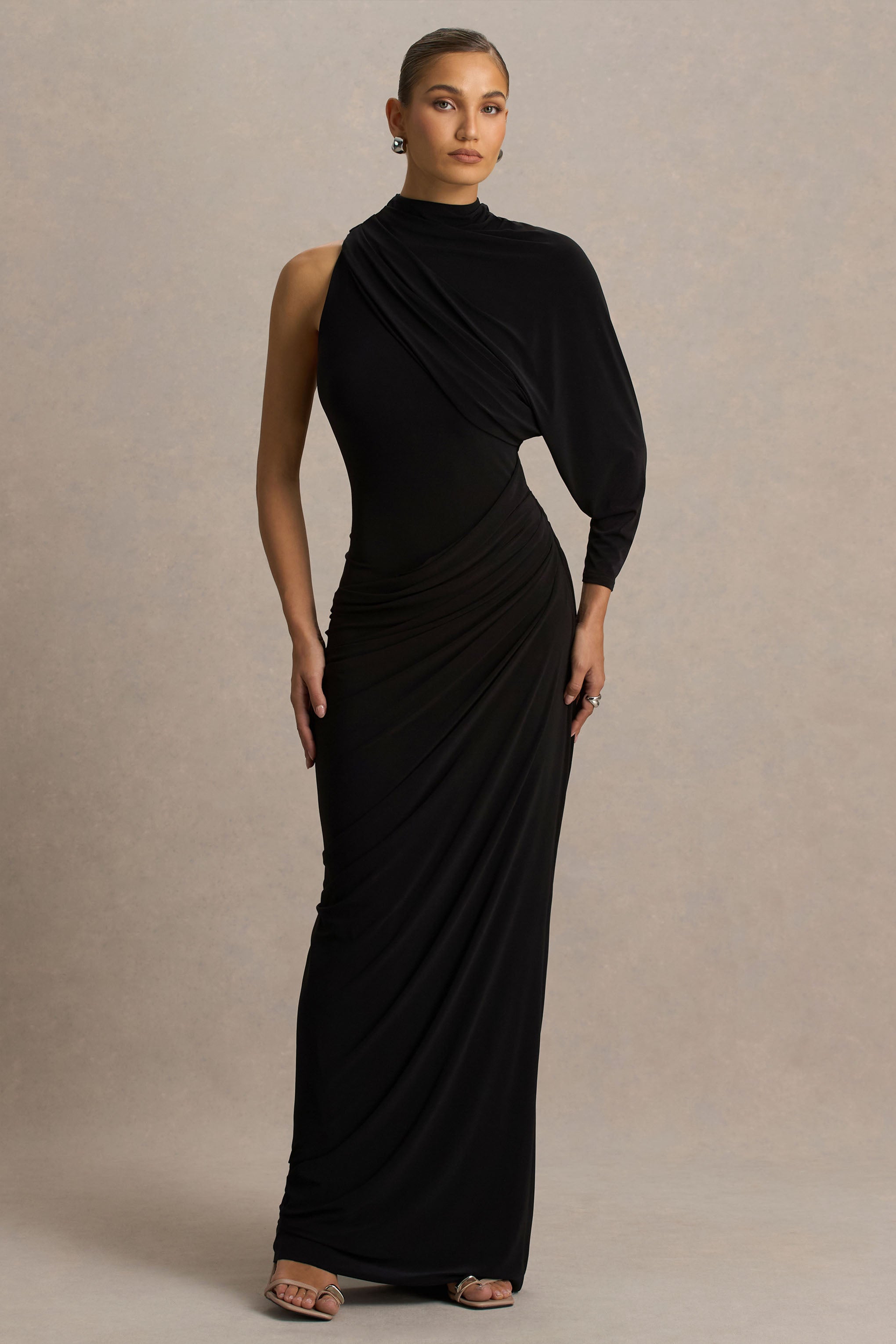 Aphra | Black High-Neck Maxi Dress With Cape-Sleeve