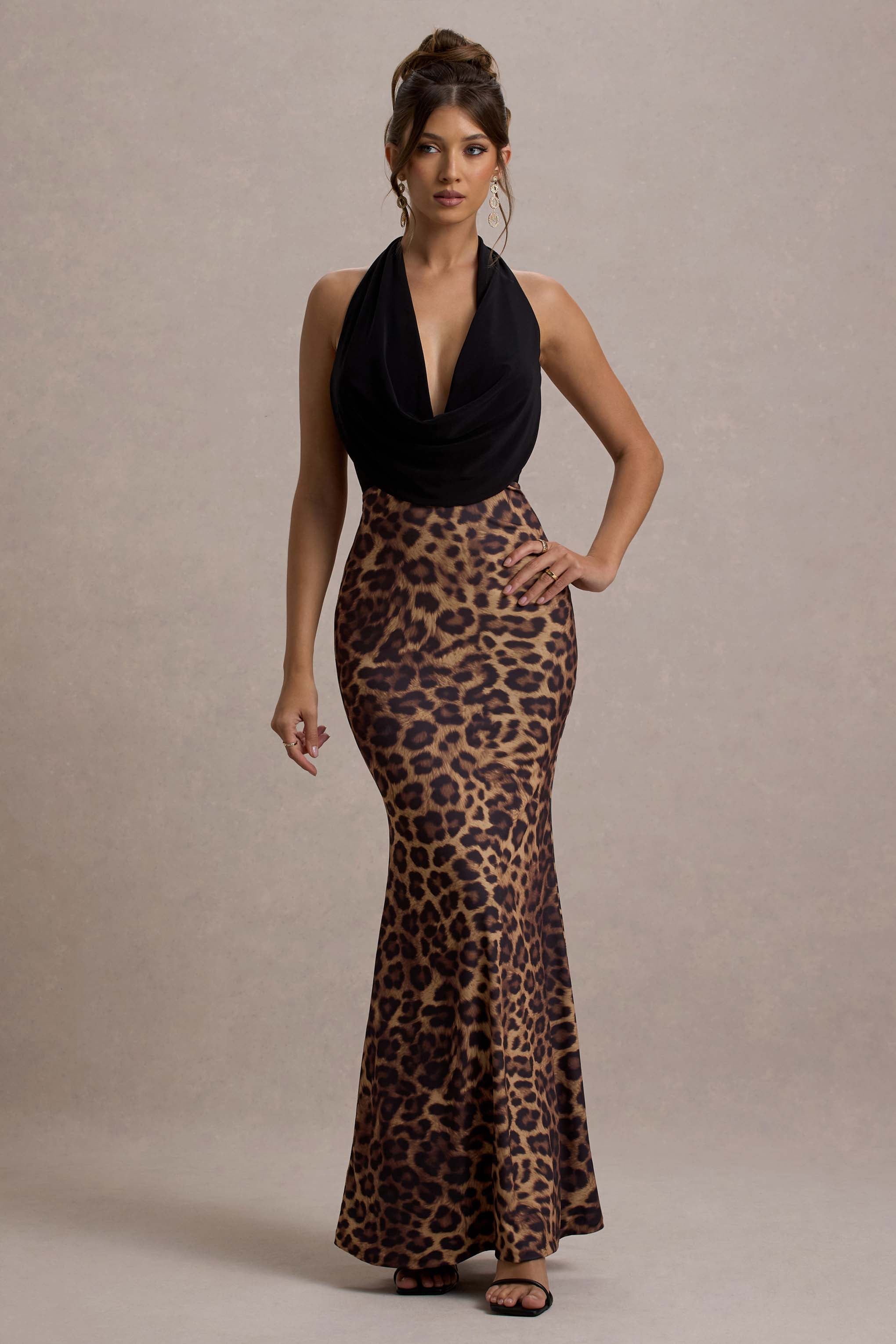 Krystal | Animal Print Deep Plunge-Neck Maxi Dress