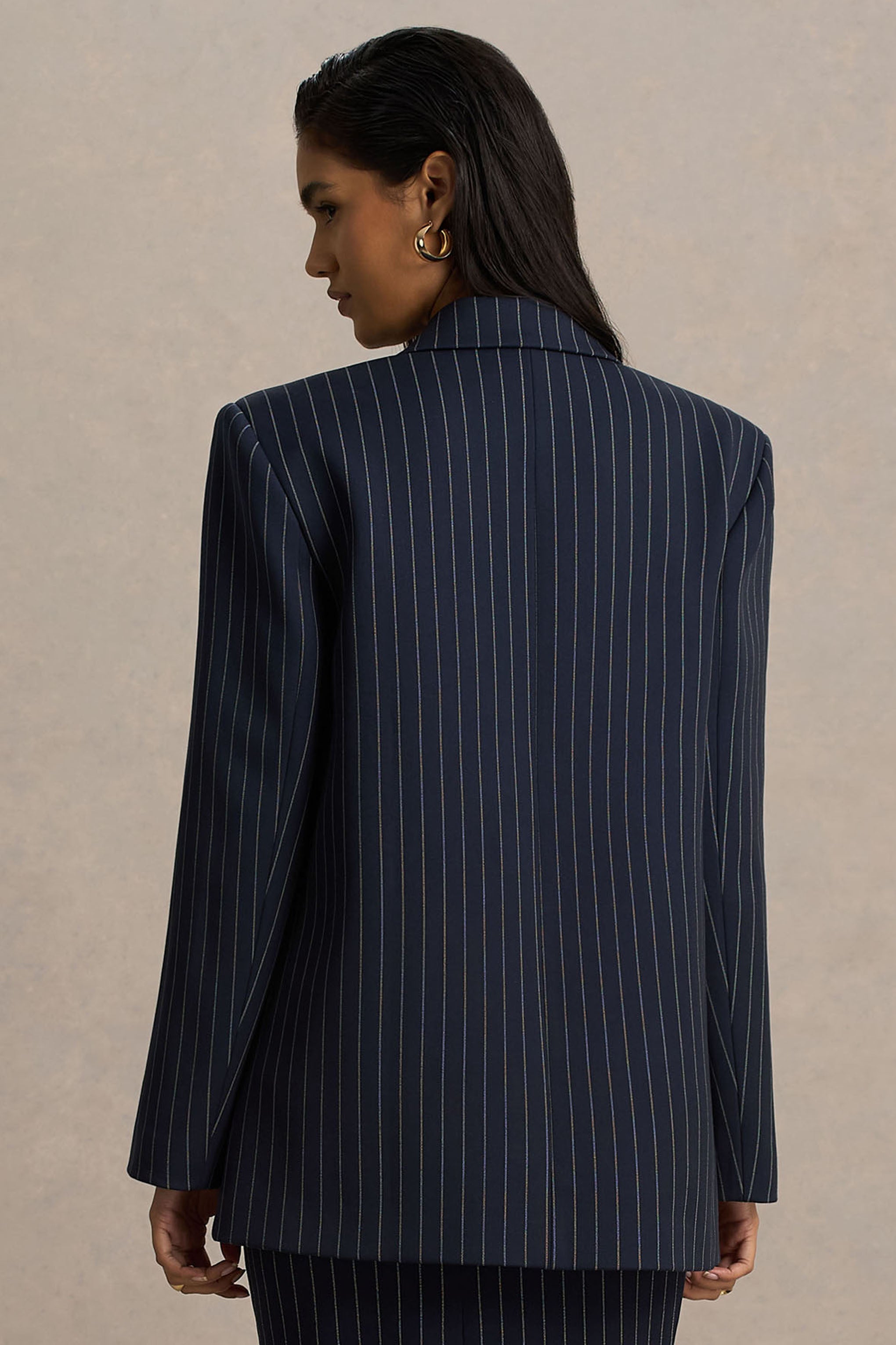 Alana | Navy Pinstripe Plunge-Neck Tailored Blazer