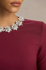 Jovana | Burgundy Hand-Embellished Crew-Neck Midi Dress With Drop Waist