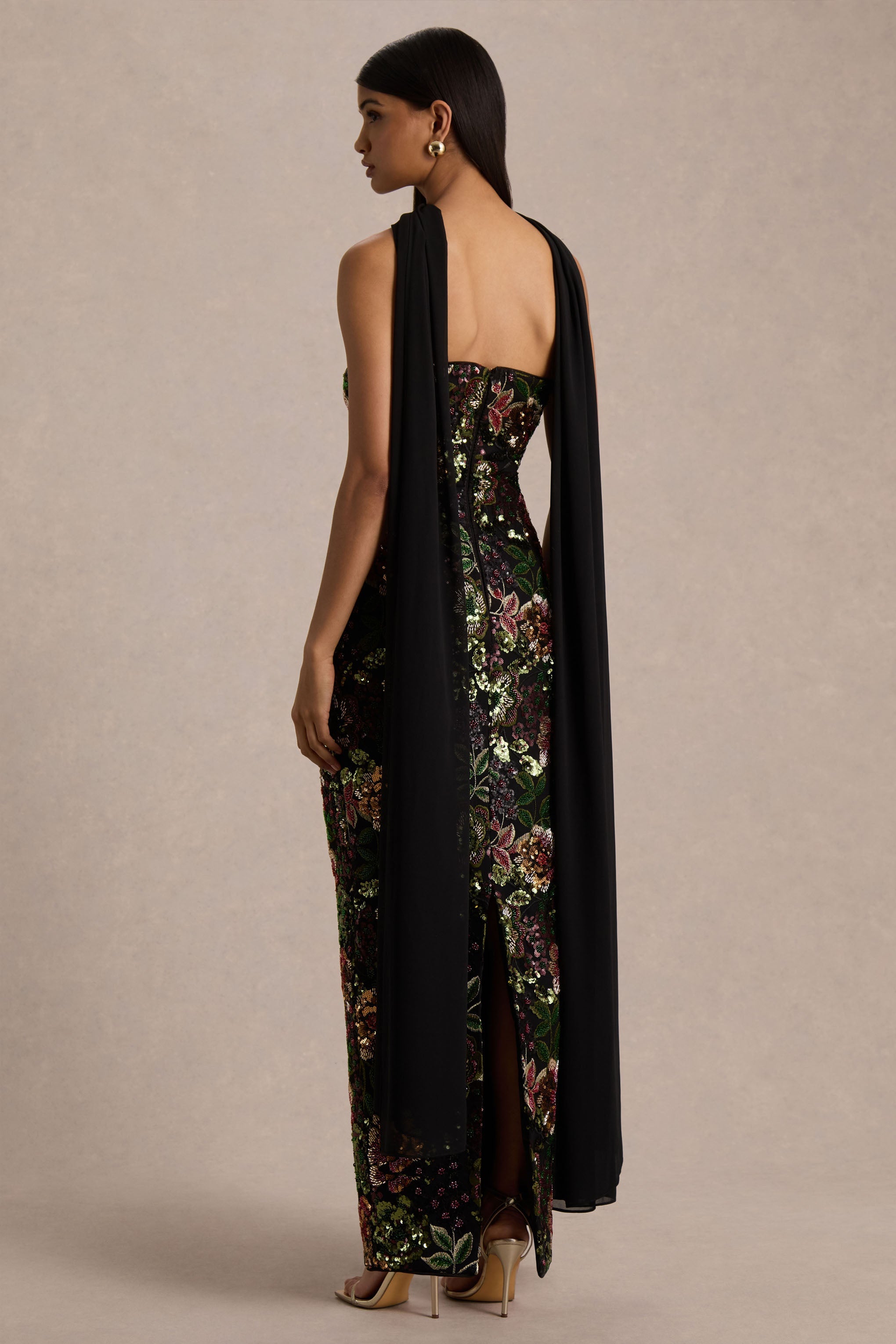 Cora | Winter Floral Embellished Mesh Bandeau Maxi Dress With Scarf