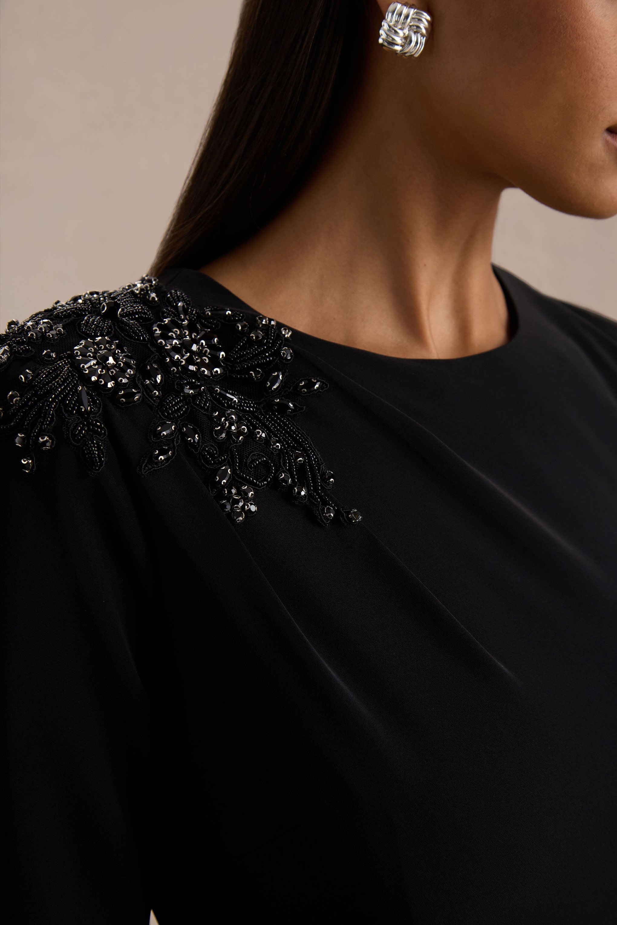 Reese | Black High-Neck Maxi Dress With Embellished Detail and Sash