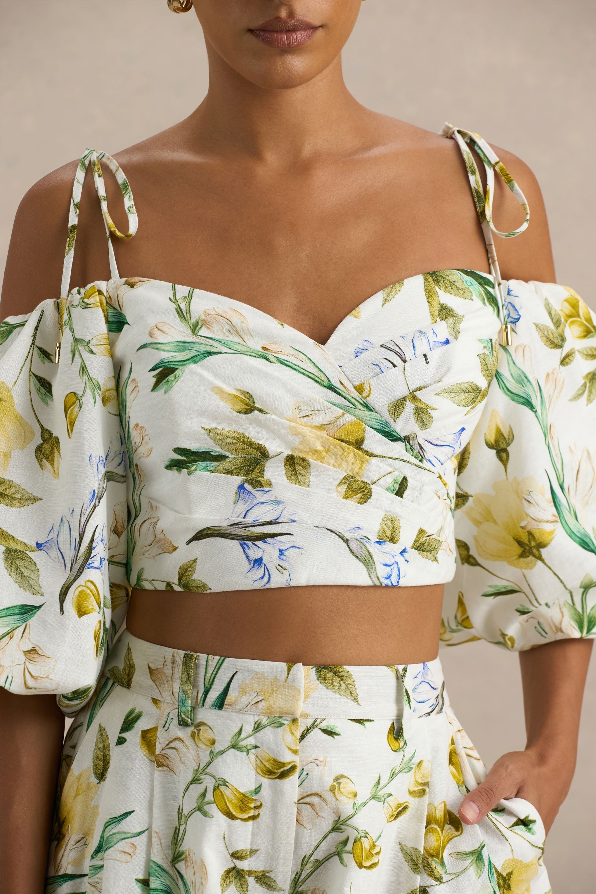 Amberly | White Linen Botanical Print Plunge-Neck Ruffled Crop Top