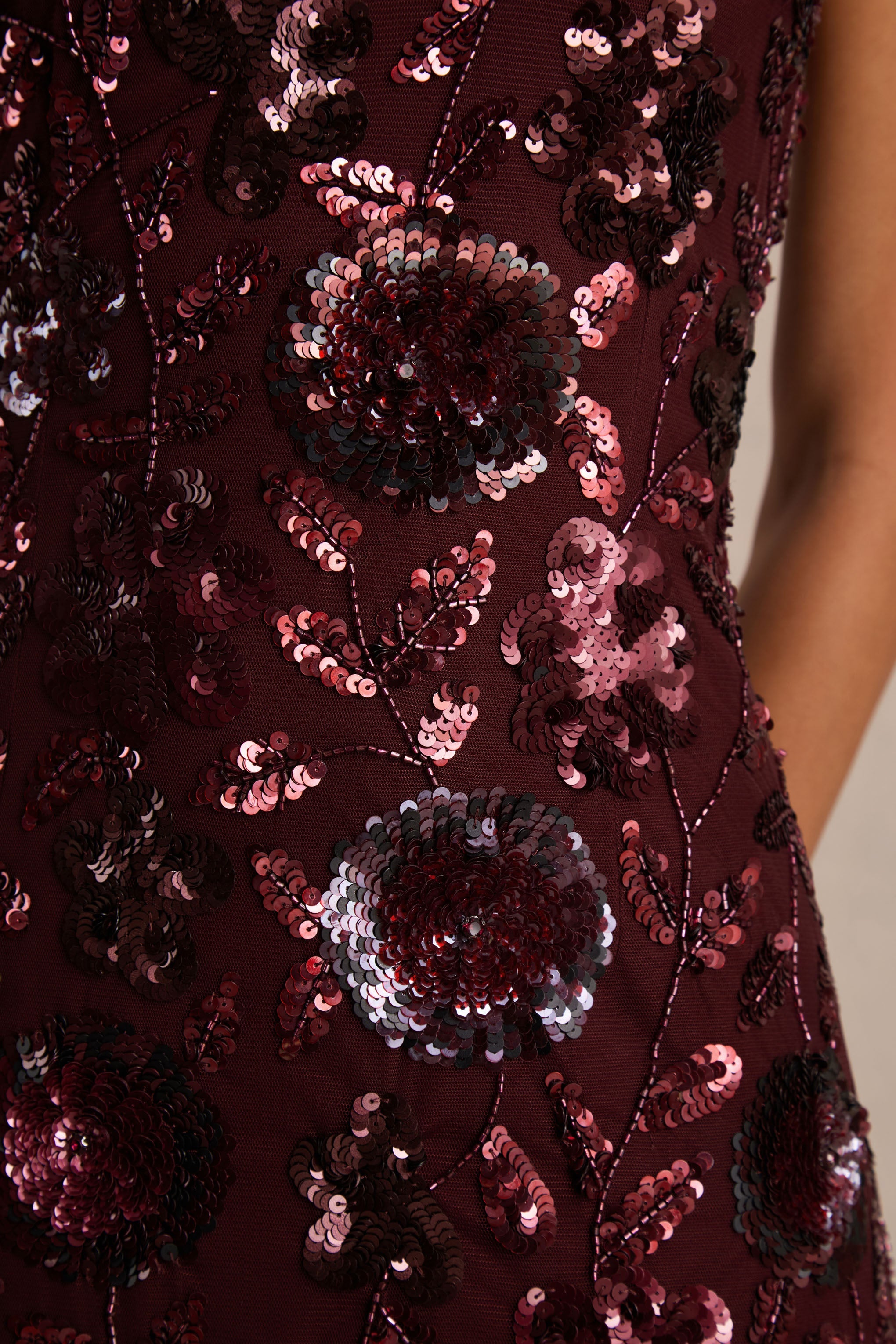Gemini | Burgundy Floral Sequin Embellished Strappy Maxi Dress
