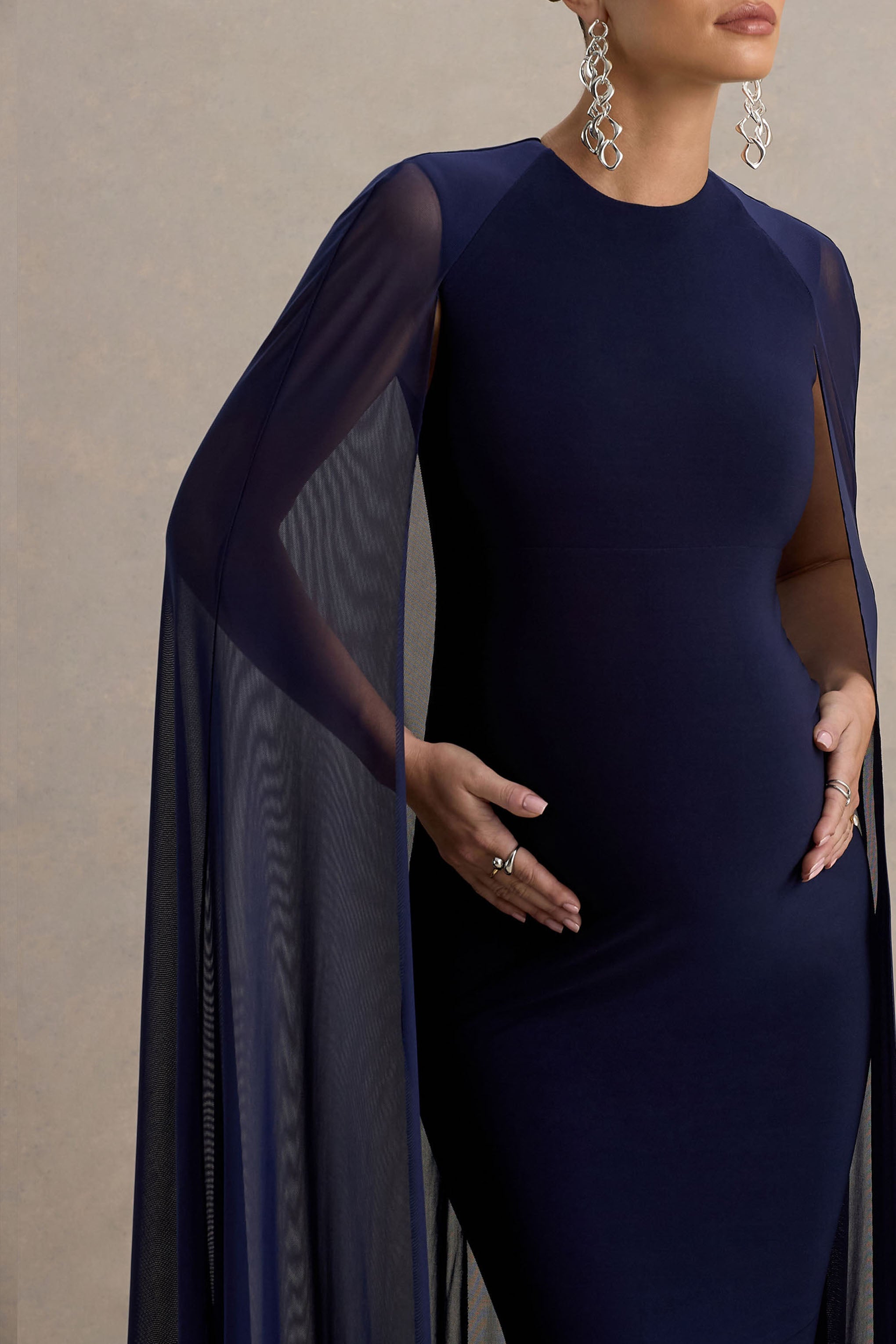 Currant | Navy Crew-Neck Maternity Maxi Dress With Cape