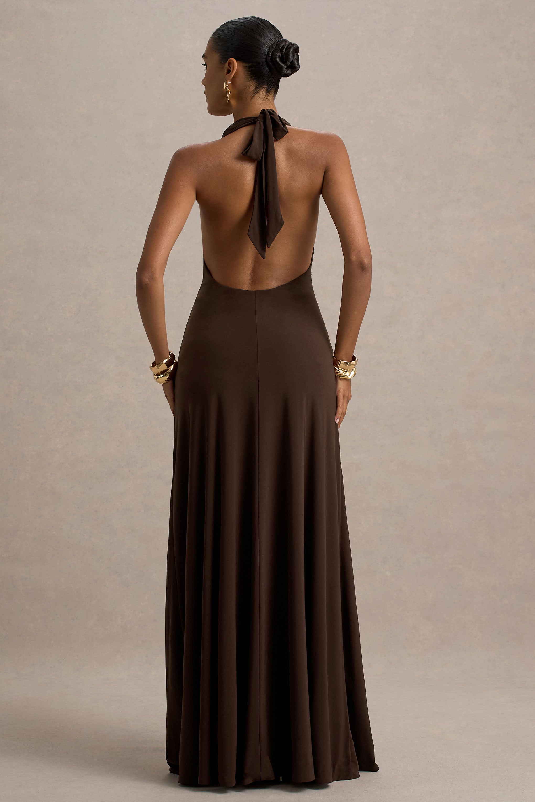Mist | Brown Plunge-Neck Maxi Dress With Knot-Detail And Open-Back