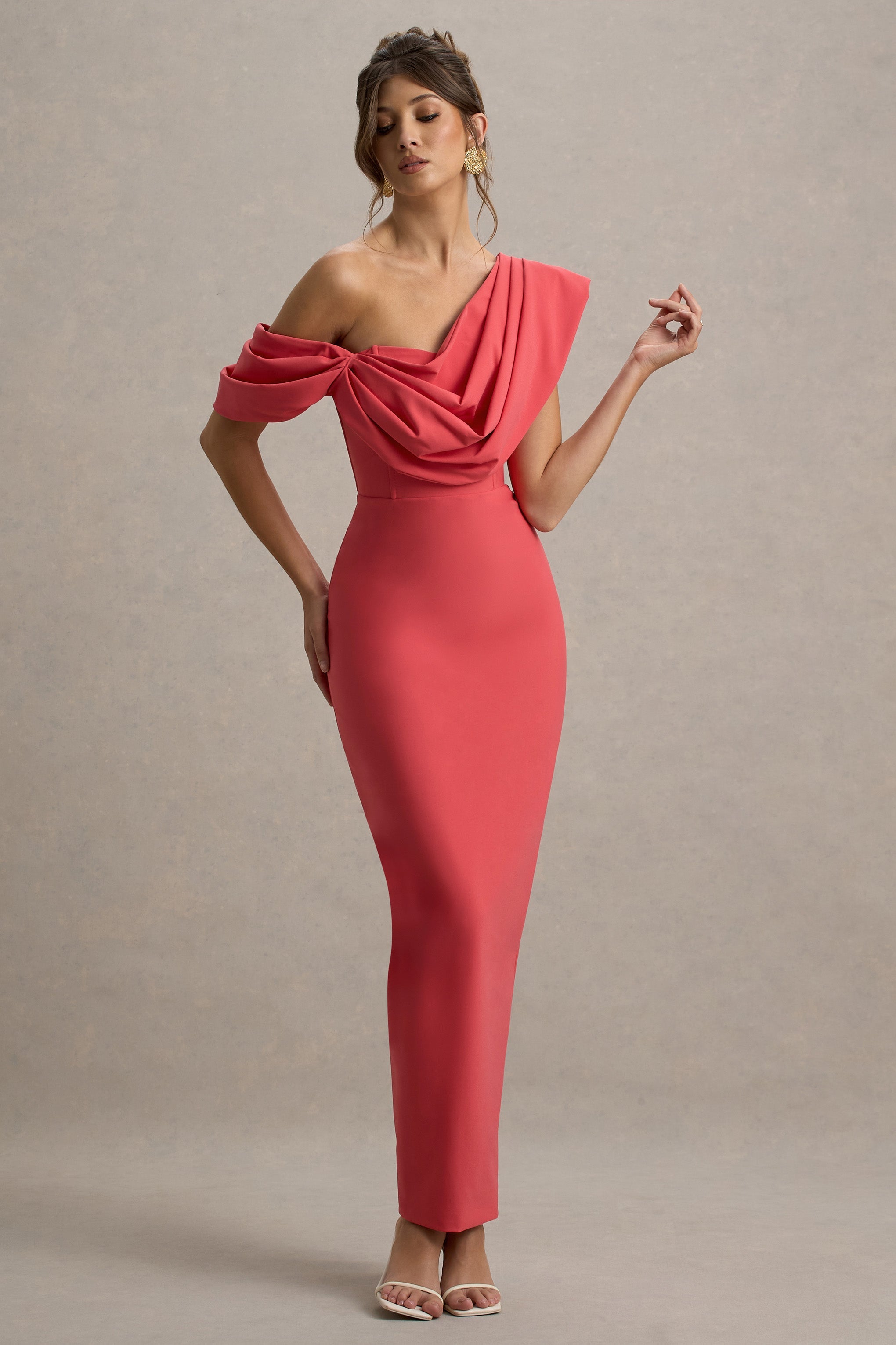 Angelina | Pink Draped Shoulder Maxi Dress