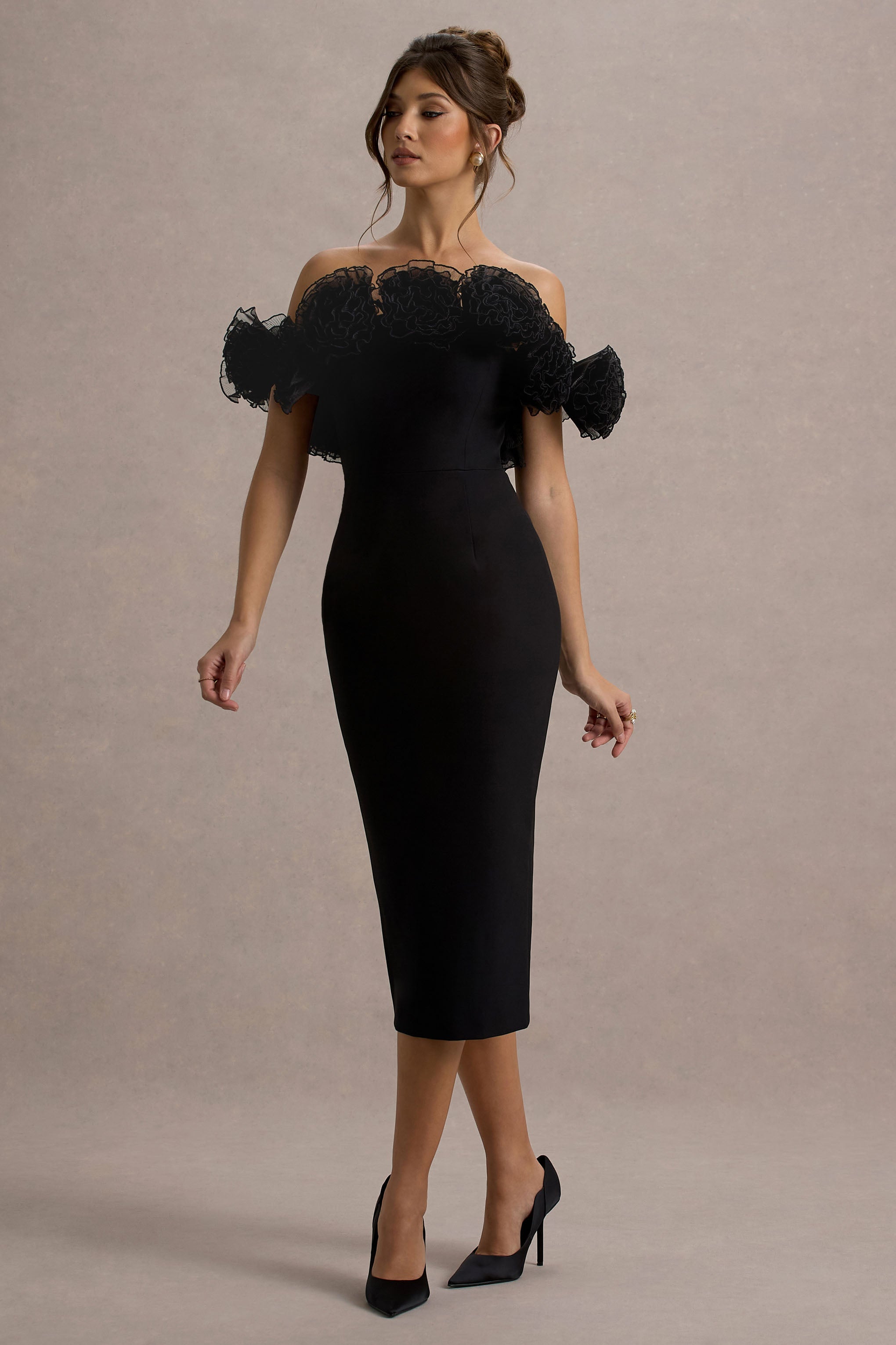 Alizzi | Black Bardot Midi Dress With Ruffle Trim