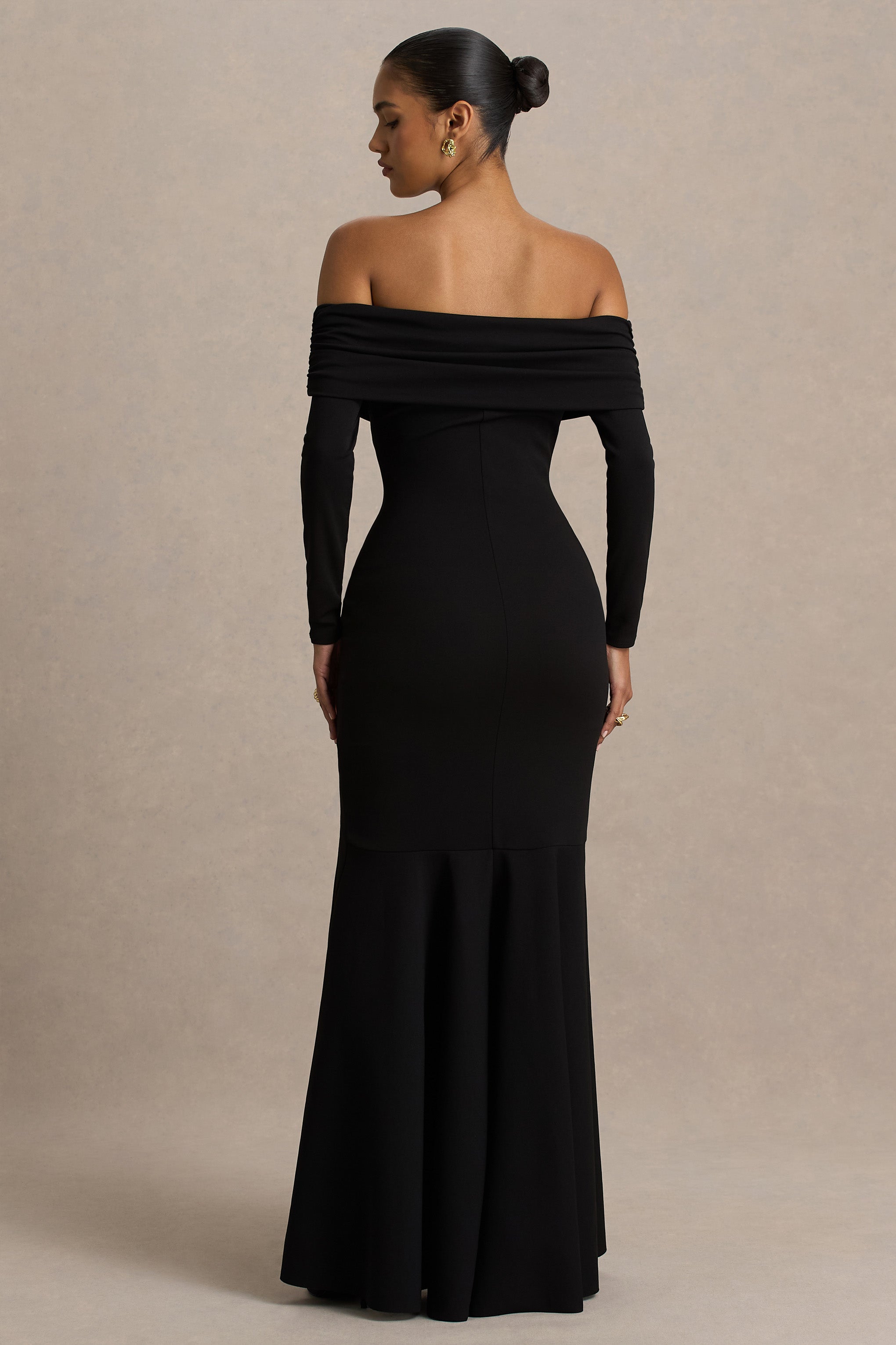 Everlasting | Black Bardot-Neck Maxi Dress With Pleated Detailing