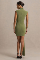 Sorenna | Olive High-Neck Mini-Dress With Wrap And Sash Detail