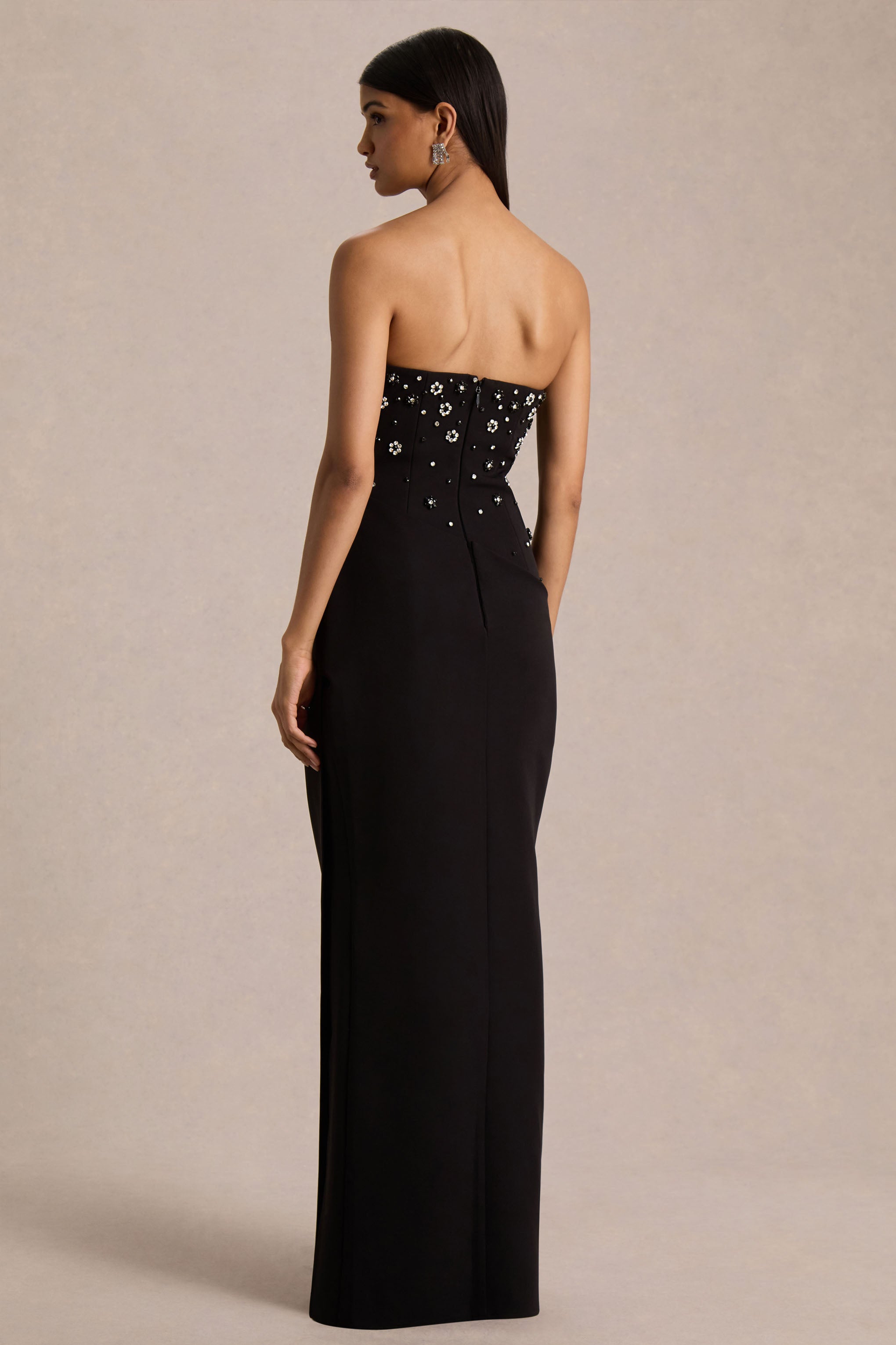 Saphira | Black Hand-Embellished Bandeau-Neck Maxi Dress