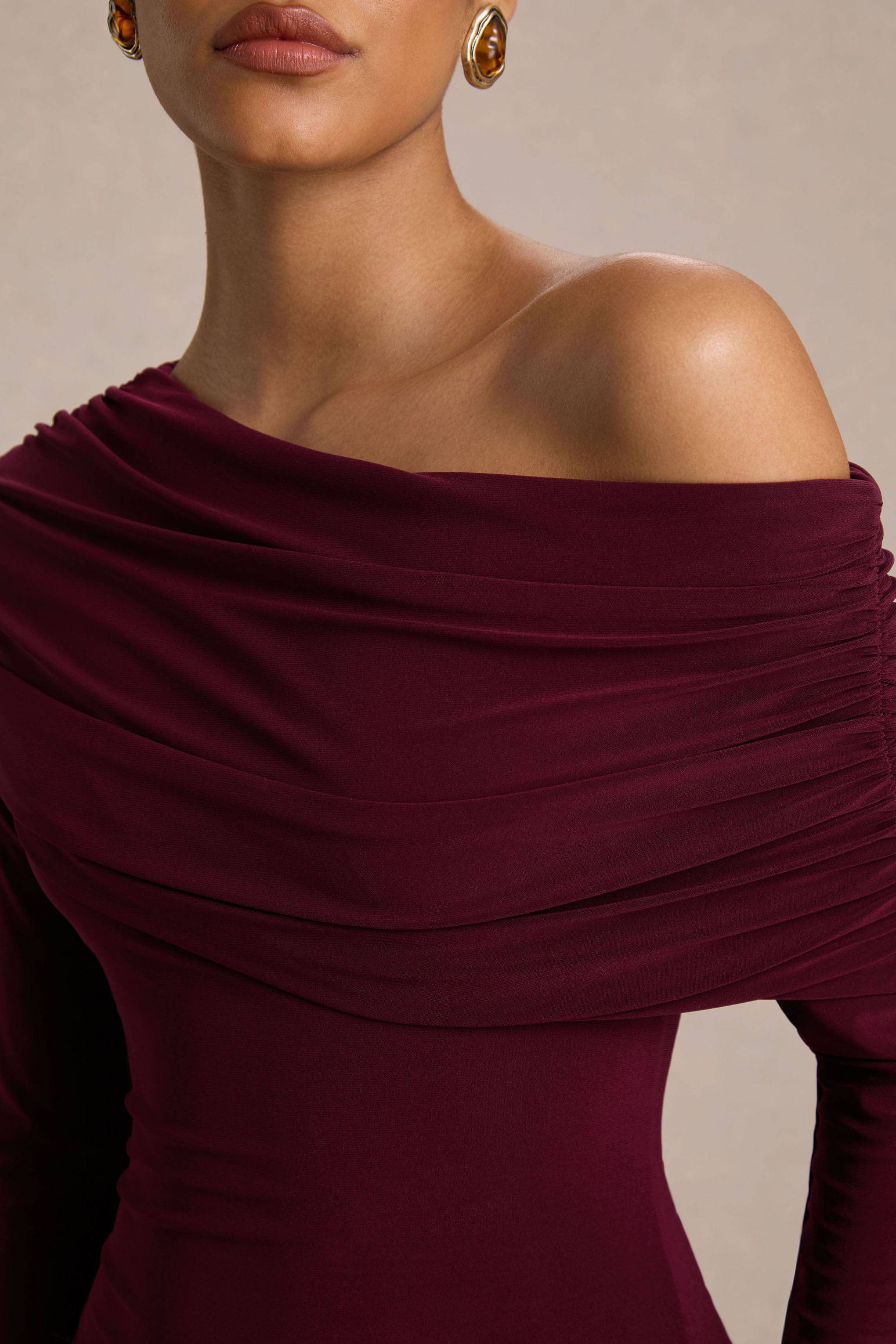 Farah | Burgundy Asymmetric-Neck Maxi Dress With Drop Waist And Ruched Detailing