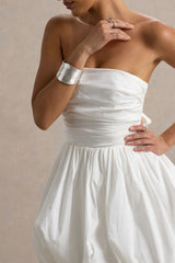 Faye | White Puff Ball Bandeau Micro Mini Dress With Ruching Details