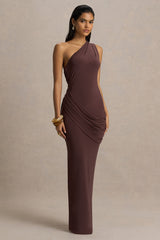 Elisa | Brown Asymmetric-Neck Maxi Dress With Open-Back And Ruched Detailing