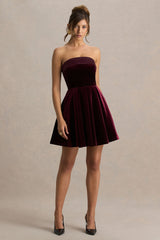 Mina | Burgundy Velvet And Satin Bandeau Skater Mini Dress